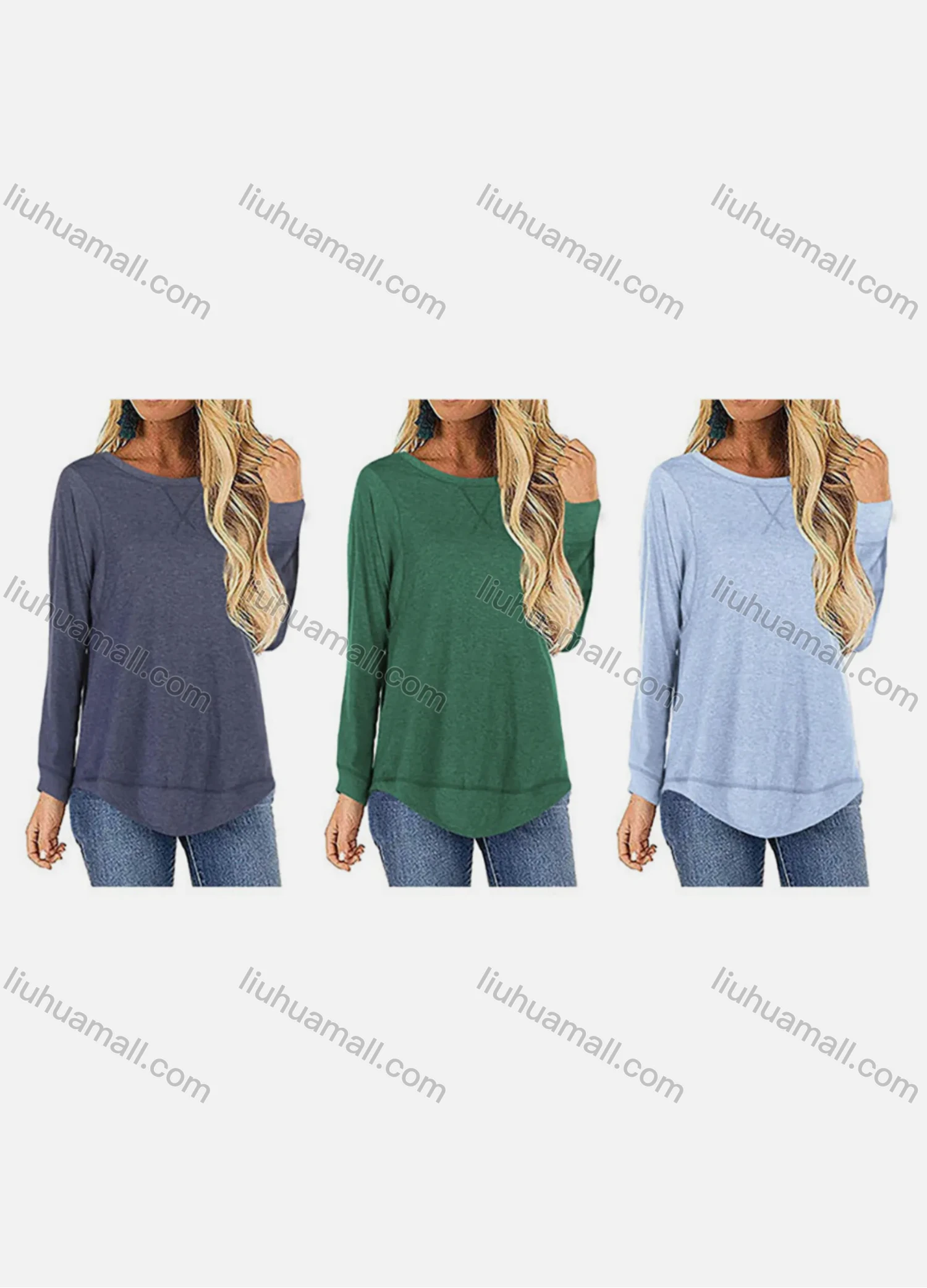 Wholesale Women's Casual Round Neck Long Sleeve High Low Hem Blouse - Liuhuamall