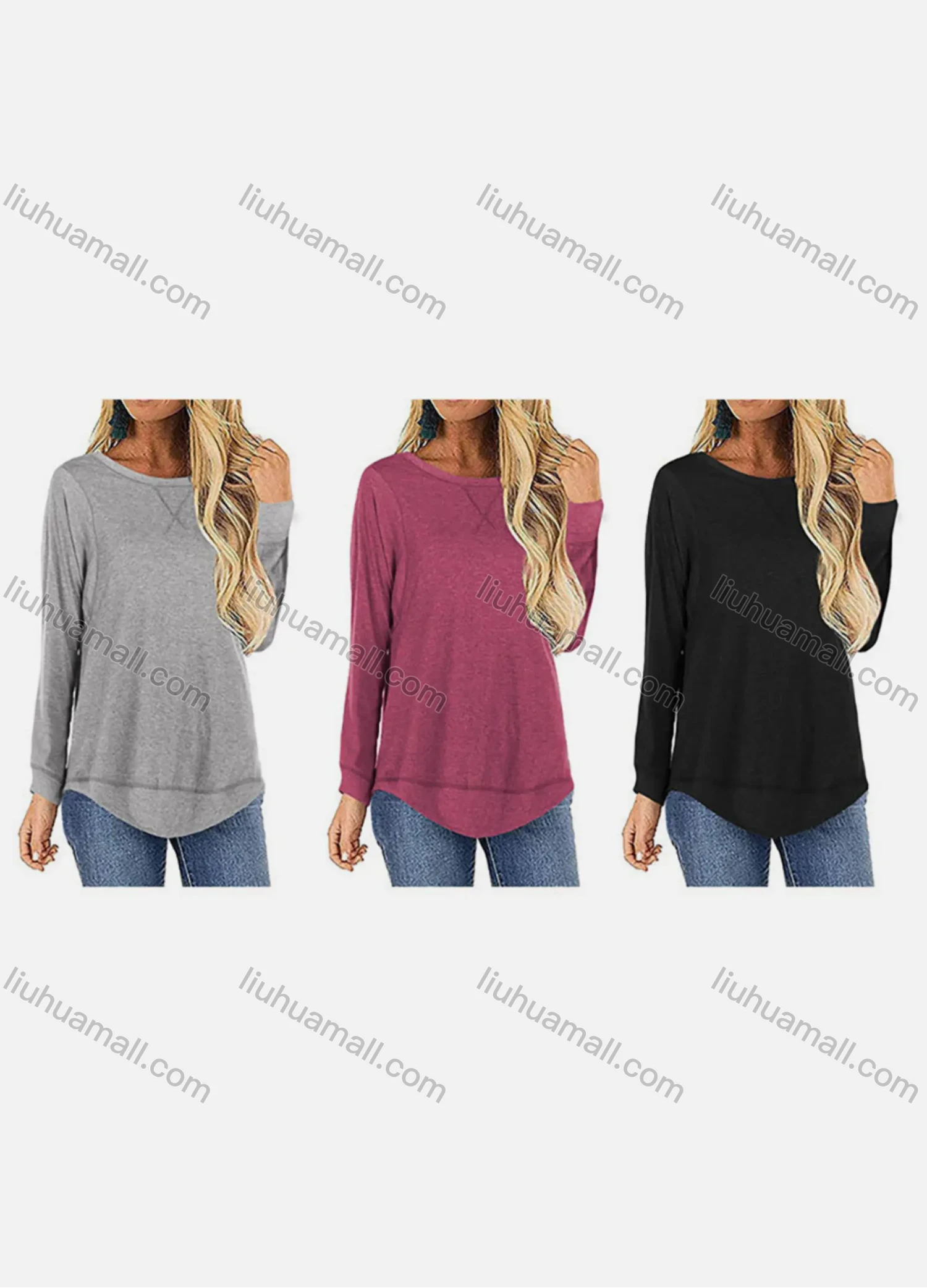 Wholesale Women's Casual Round Neck Long Sleeve High Low Hem Blouse - Liuhuamall