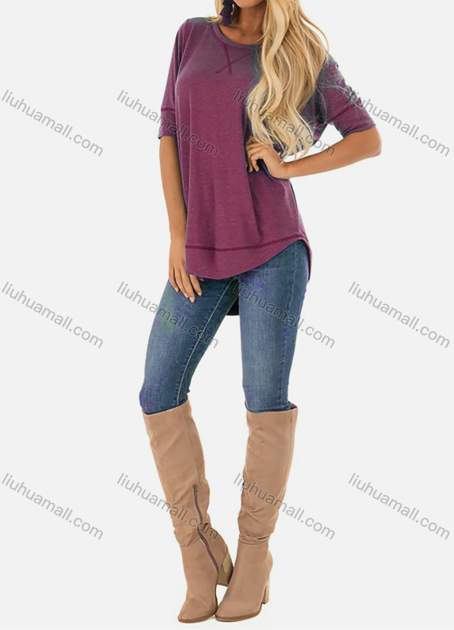 Wholesale Women's Casual Round Neck Long Sleeve High Low Hem Blouse - Liuhuamall