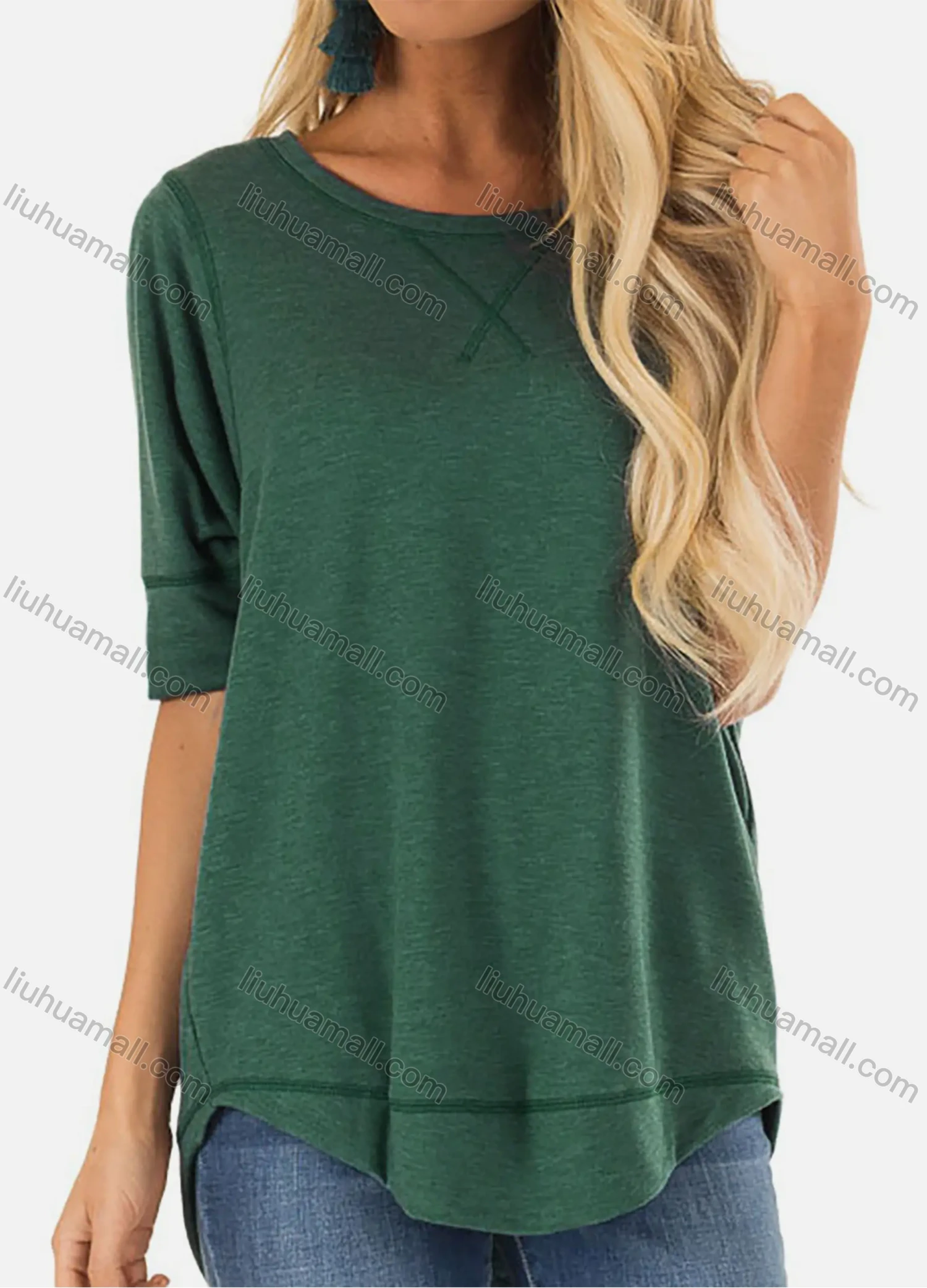 Wholesale Women's Casual Round Neck Long Sleeve High Low Hem Blouse - Liuhuamall