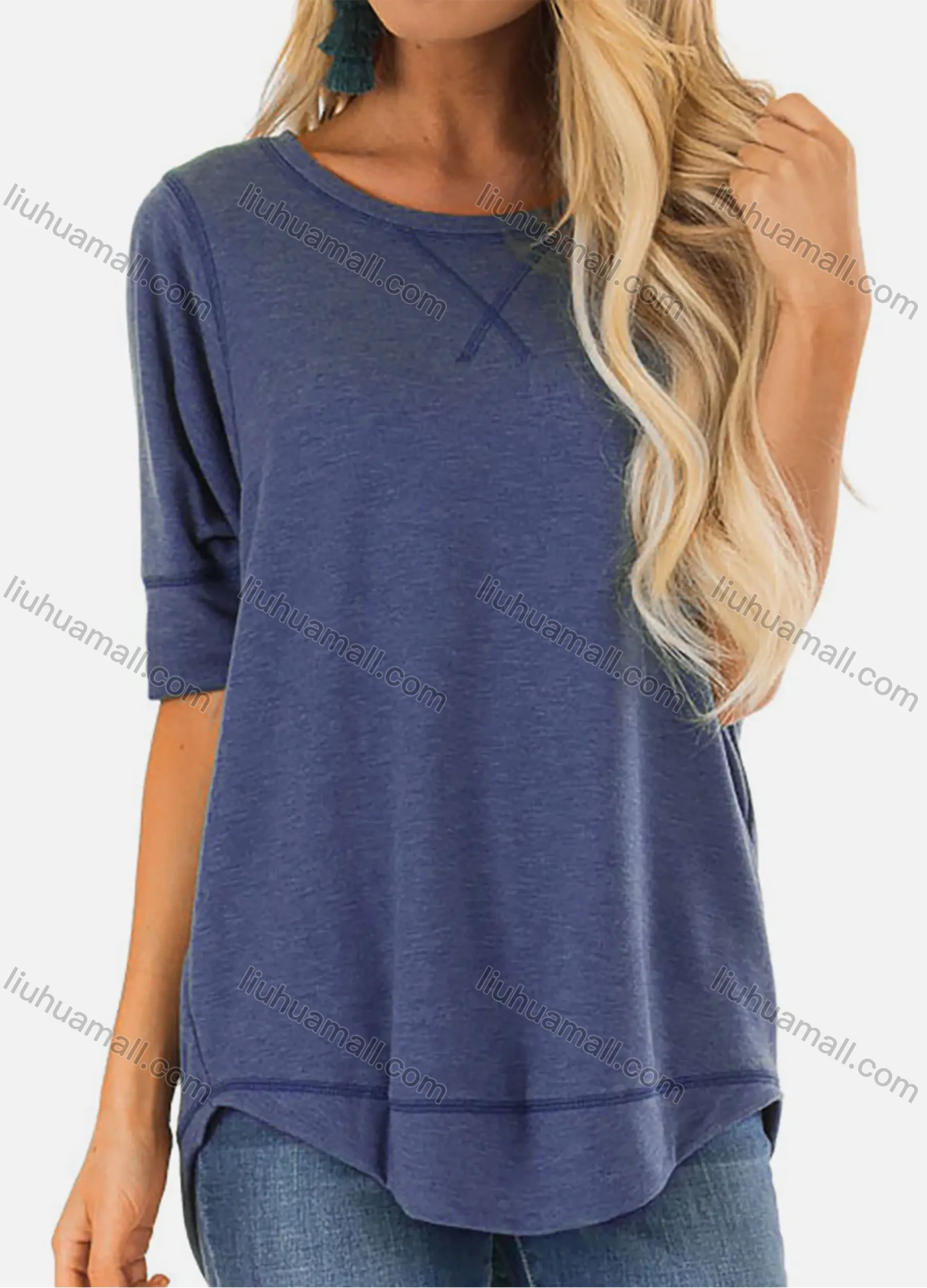 Wholesale Women's Casual Round Neck Long Sleeve High Low Hem Blouse - Liuhuamall