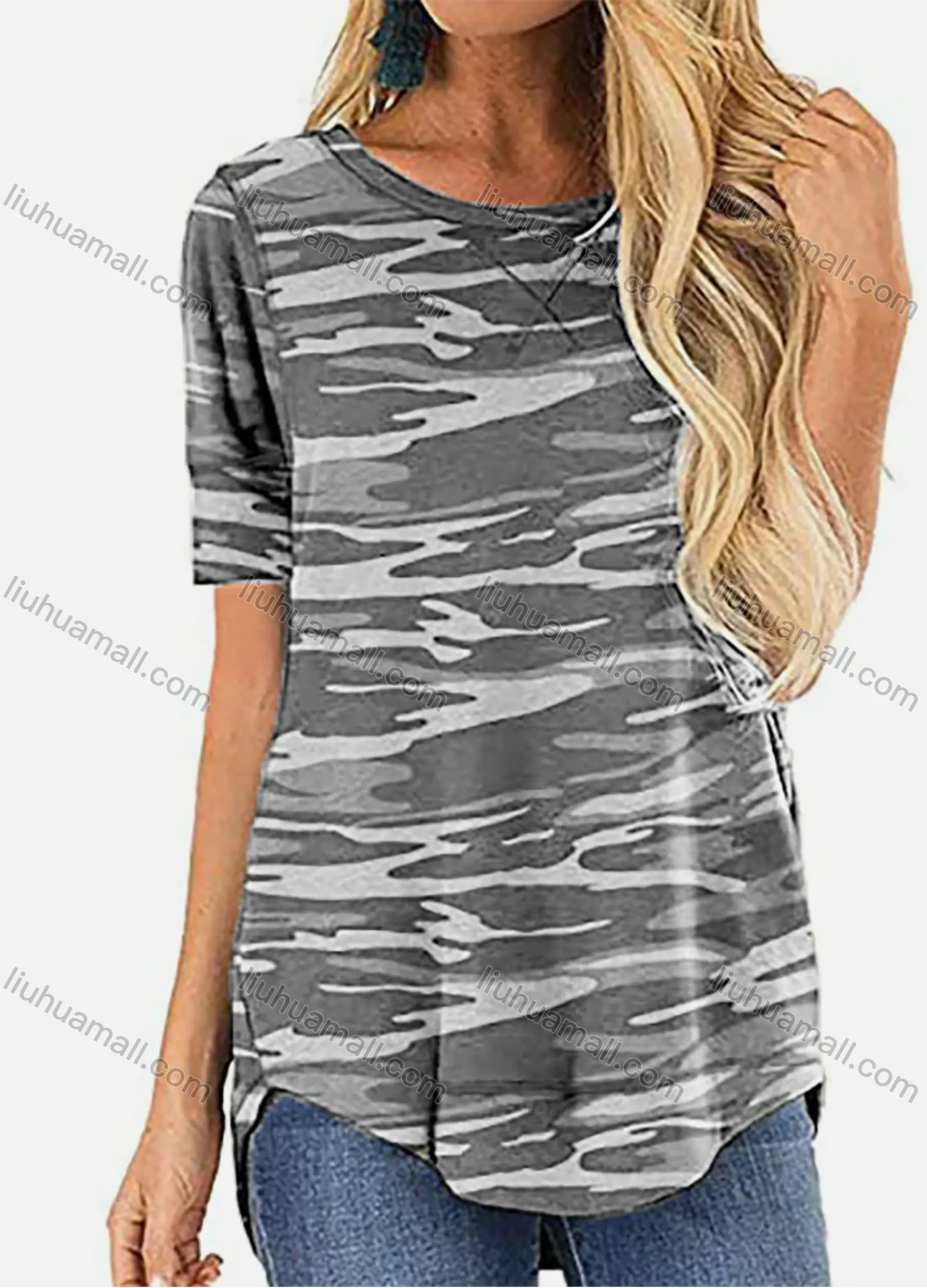 Wholesale Women's Casual Round Neck Long Sleeve High Low Hem Blouse - Liuhuamall