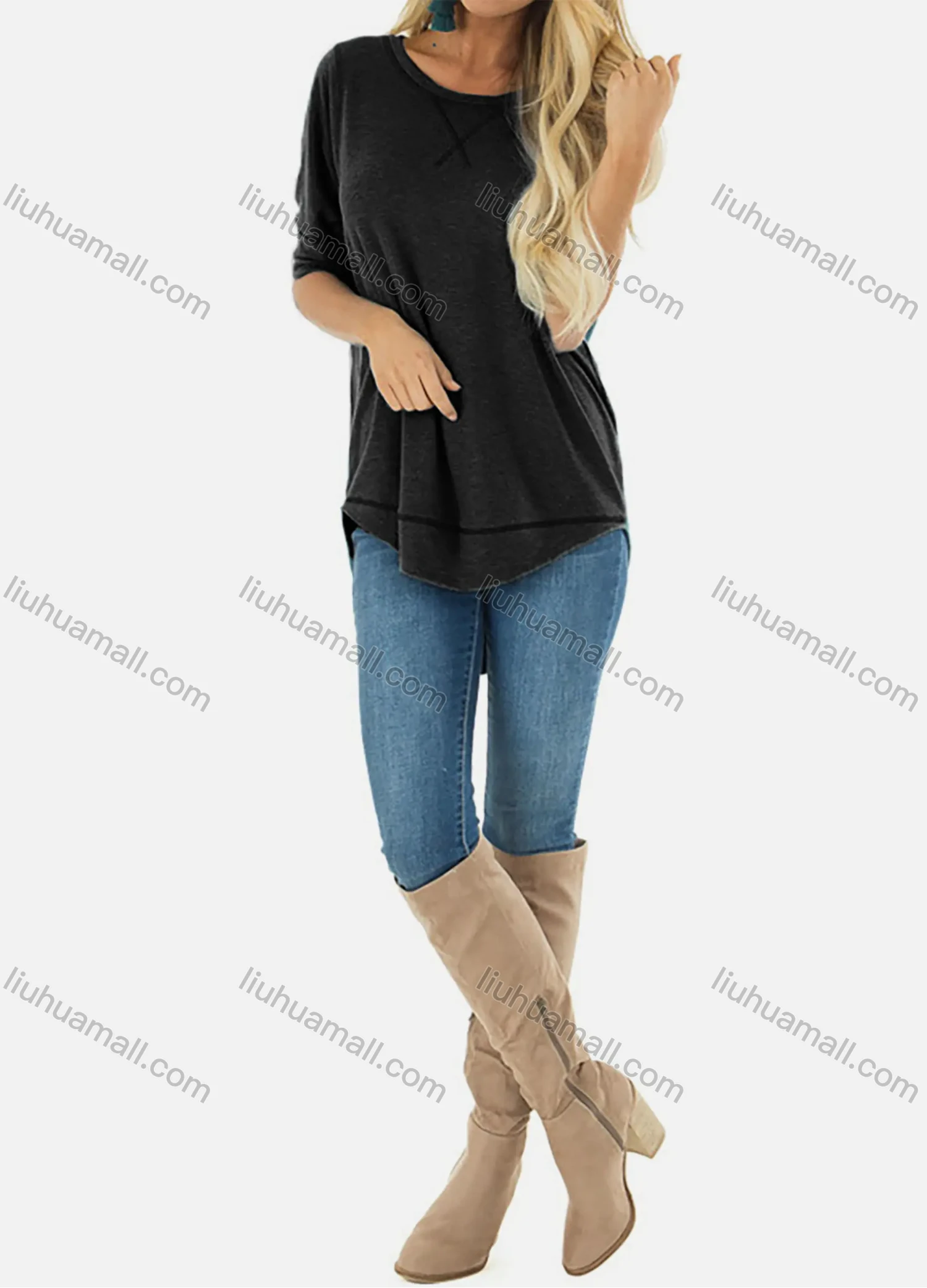 Wholesale Women's Casual Round Neck Long Sleeve High Low Hem Blouse - Liuhuamall