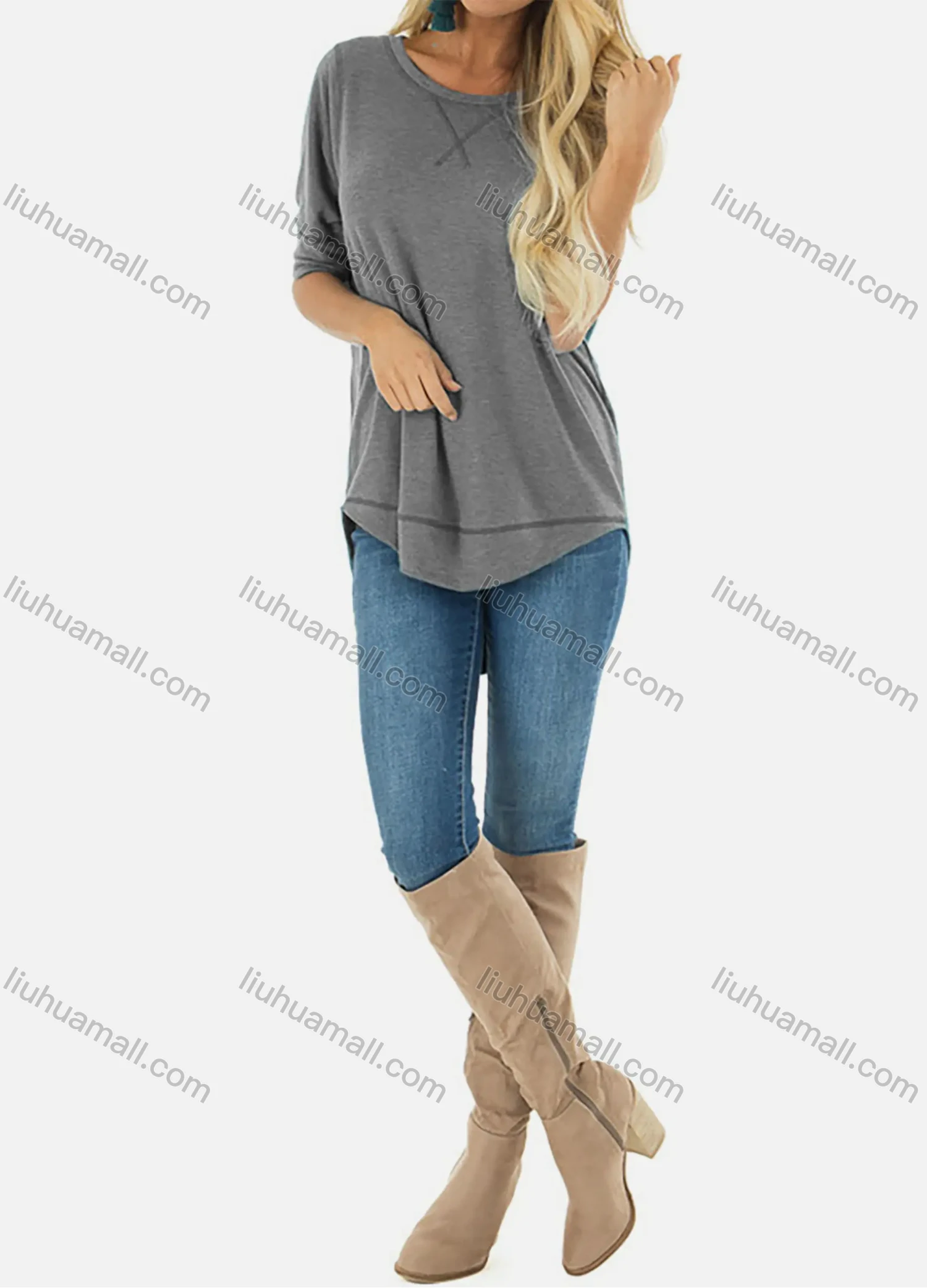 Wholesale Women's Casual Round Neck Long Sleeve High Low Hem Blouse - Liuhuamall