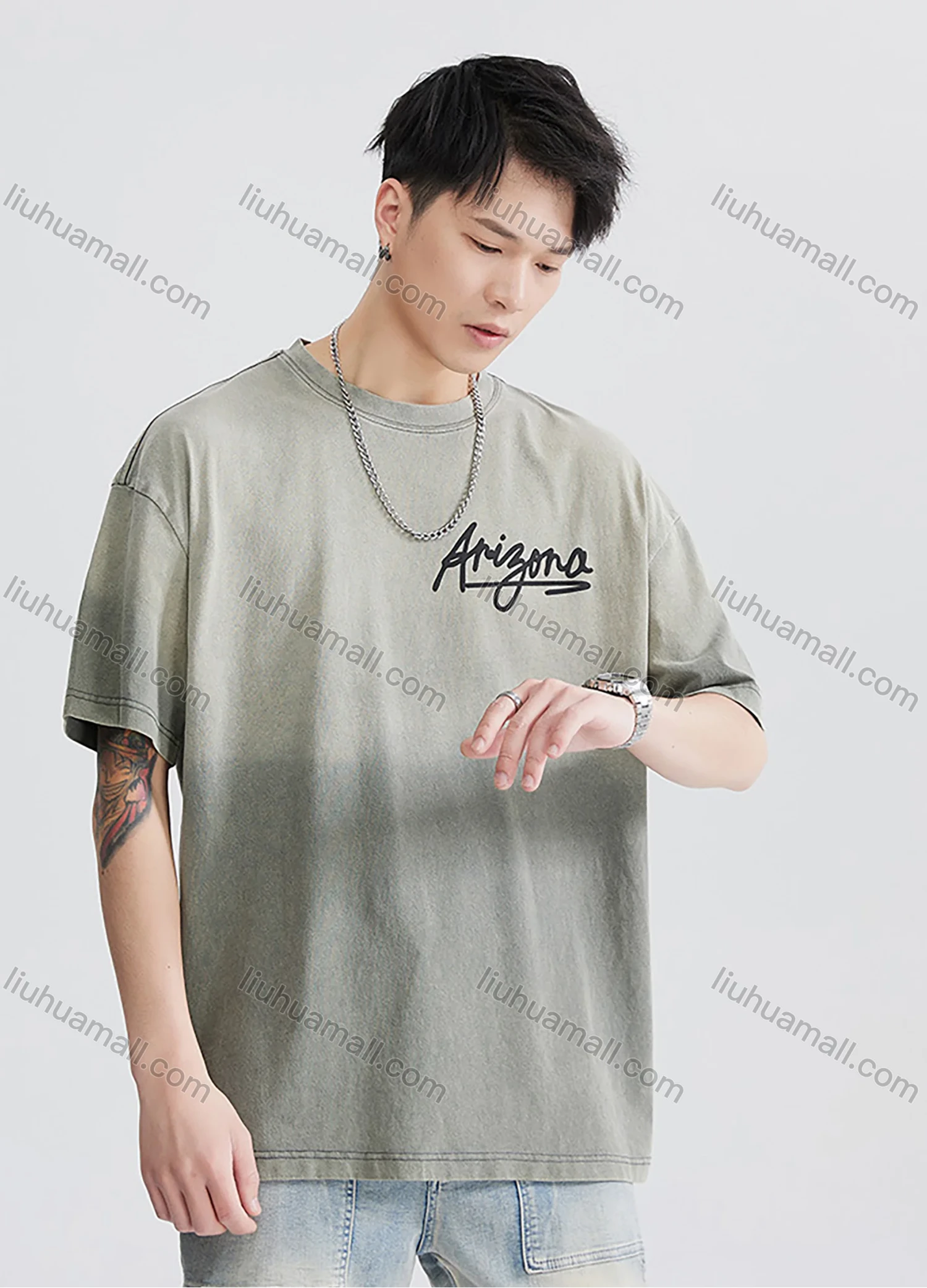 Wholesale Men's Fashion 100%Cotton Letter Gradient Round Neck Short Sleeve Washed T-shirts - Liuhuamall