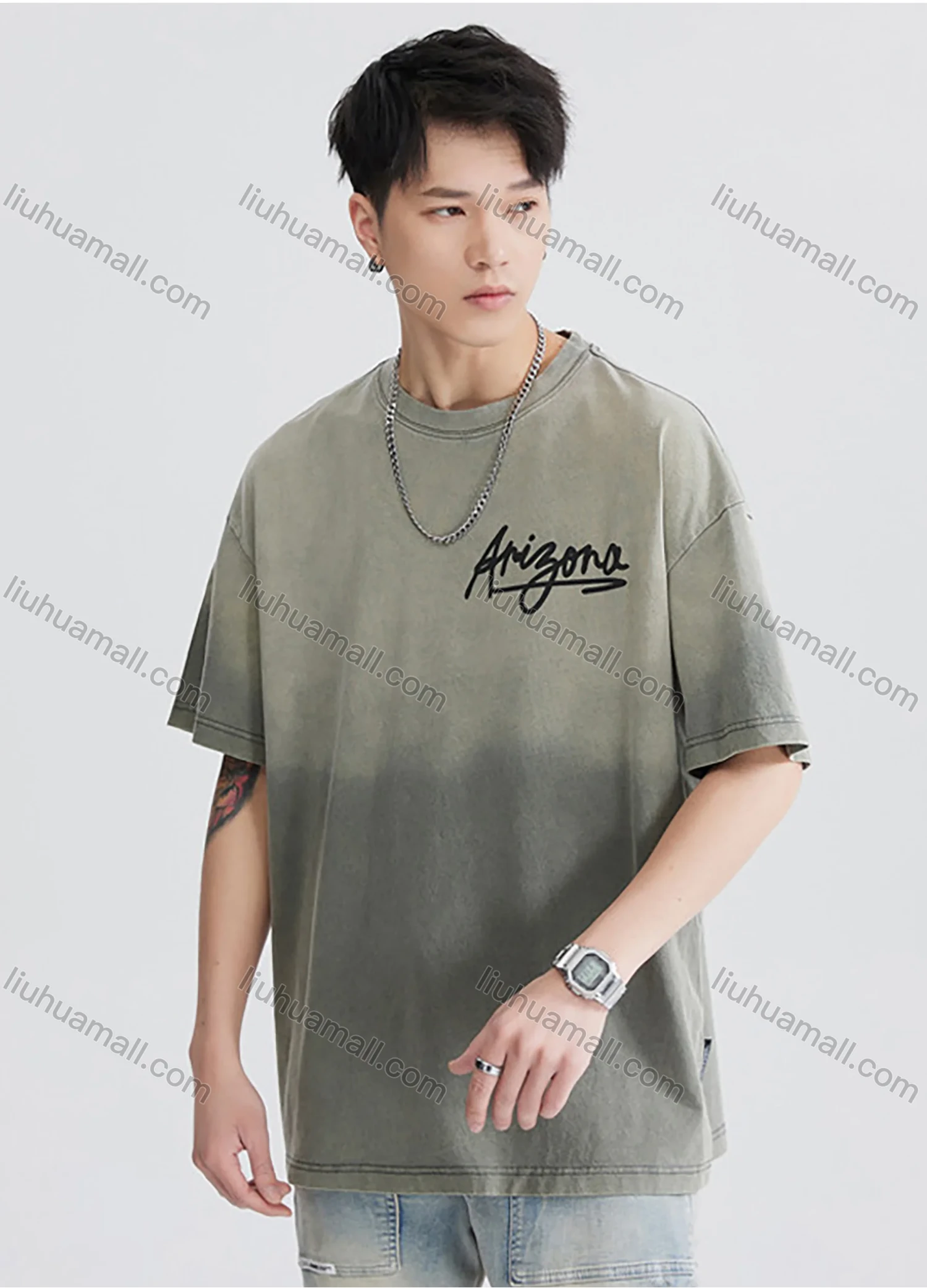 Wholesale Men's Fashion 100%Cotton Letter Gradient Round Neck Short Sleeve Washed T-shirts - Liuhuamall