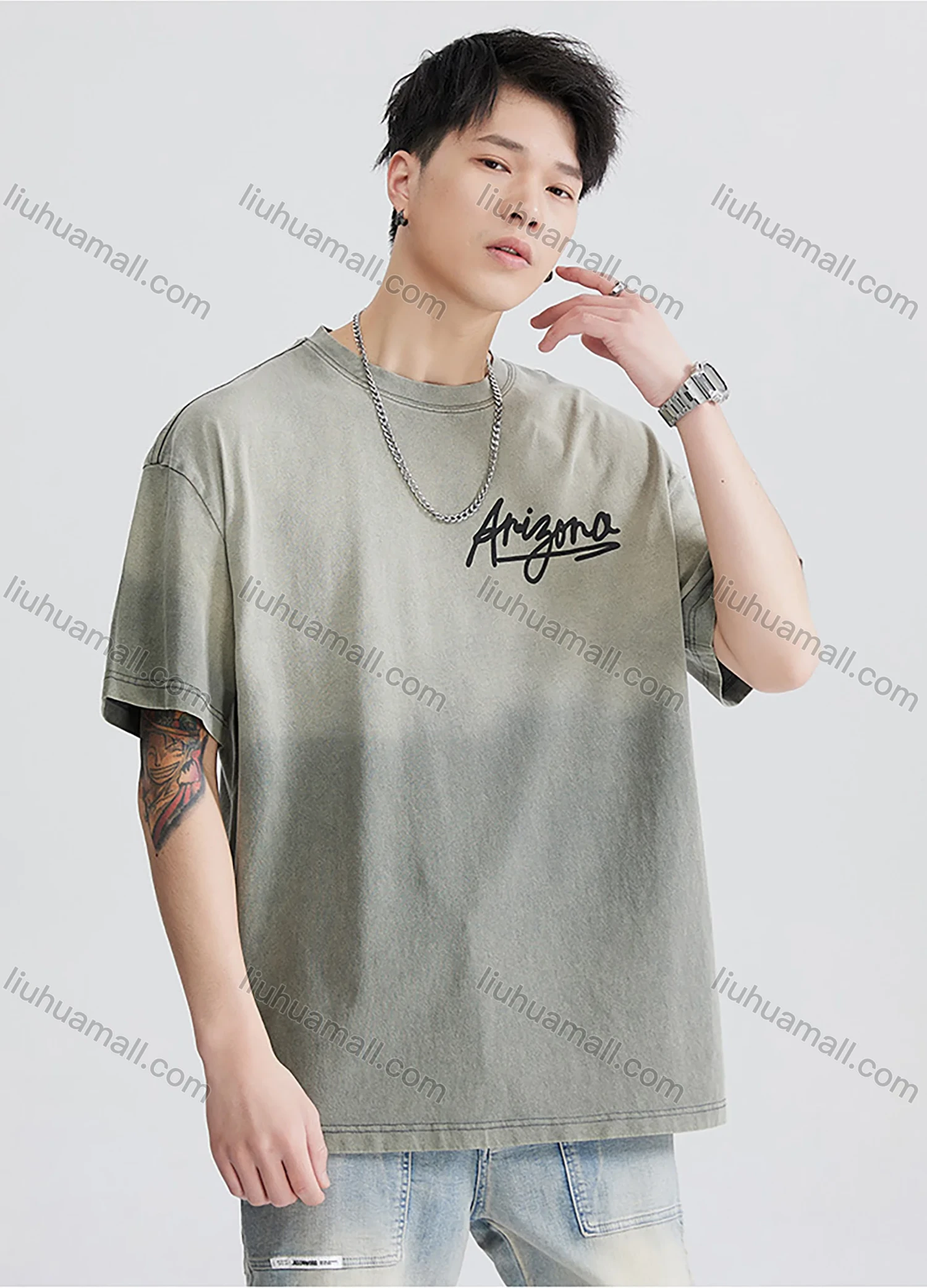 Wholesale Men's Fashion 100%Cotton Letter Gradient Round Neck Short Sleeve Washed T-shirts - Liuhuamall