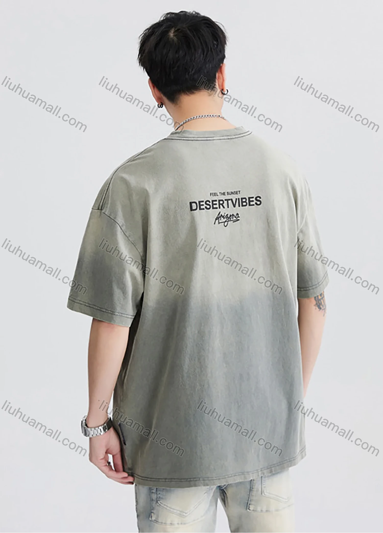 Wholesale Men's Fashion 100%Cotton Letter Gradient Round Neck Short Sleeve Washed T-shirts - Liuhuamall