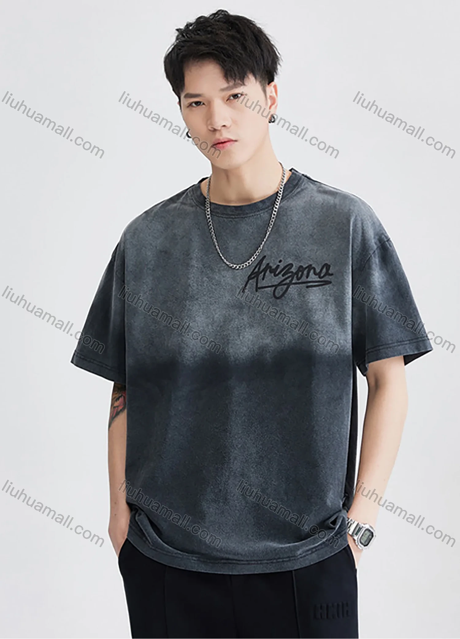 Wholesale Men's Fashion 100%Cotton Letter Gradient Round Neck Short Sleeve Washed T-shirts - Liuhuamall