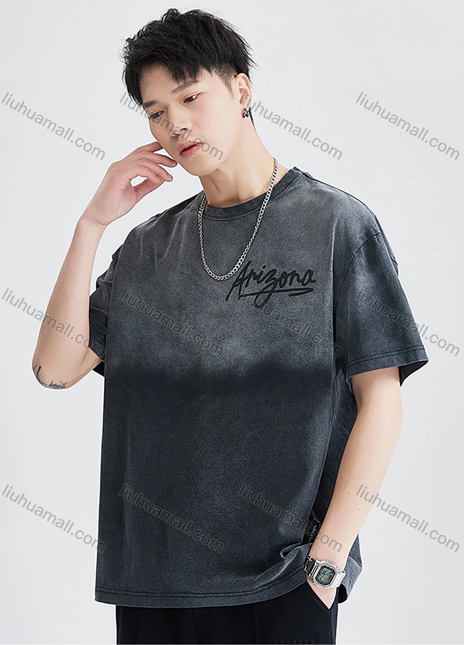 Wholesale Men's Fashion 100%Cotton Letter Gradient Round Neck Short Sleeve Washed T-shirts - Liuhuamall