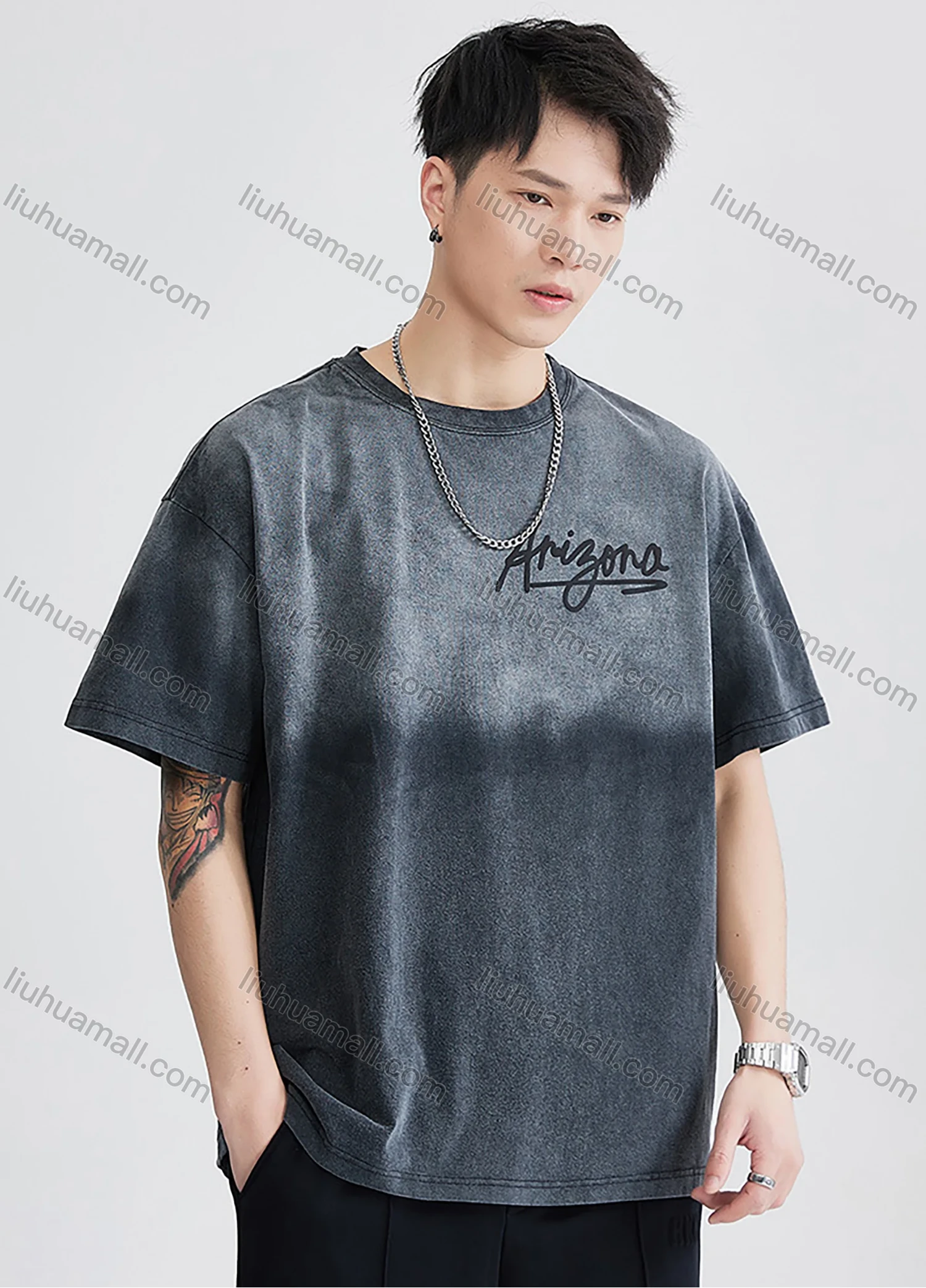 Wholesale Men's Fashion 100%Cotton Letter Gradient Round Neck Short Sleeve Washed T-shirts - Liuhuamall