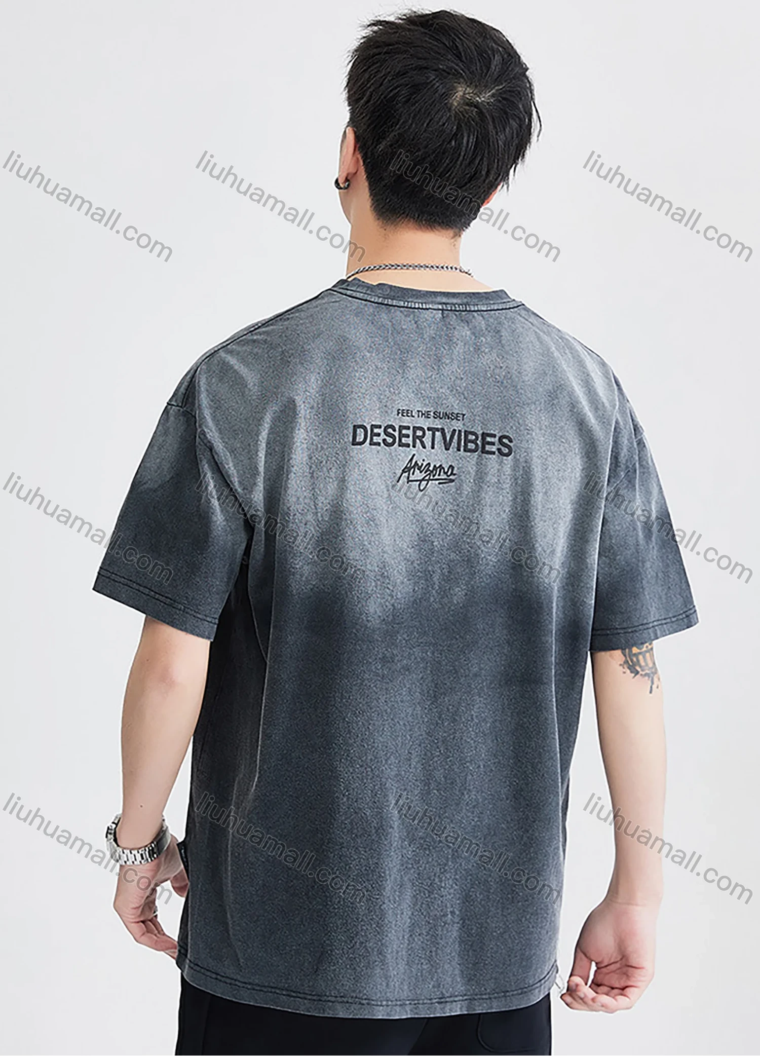 Wholesale Men's Fashion 100%Cotton Letter Gradient Round Neck Short Sleeve Washed T-shirts - Liuhuamall