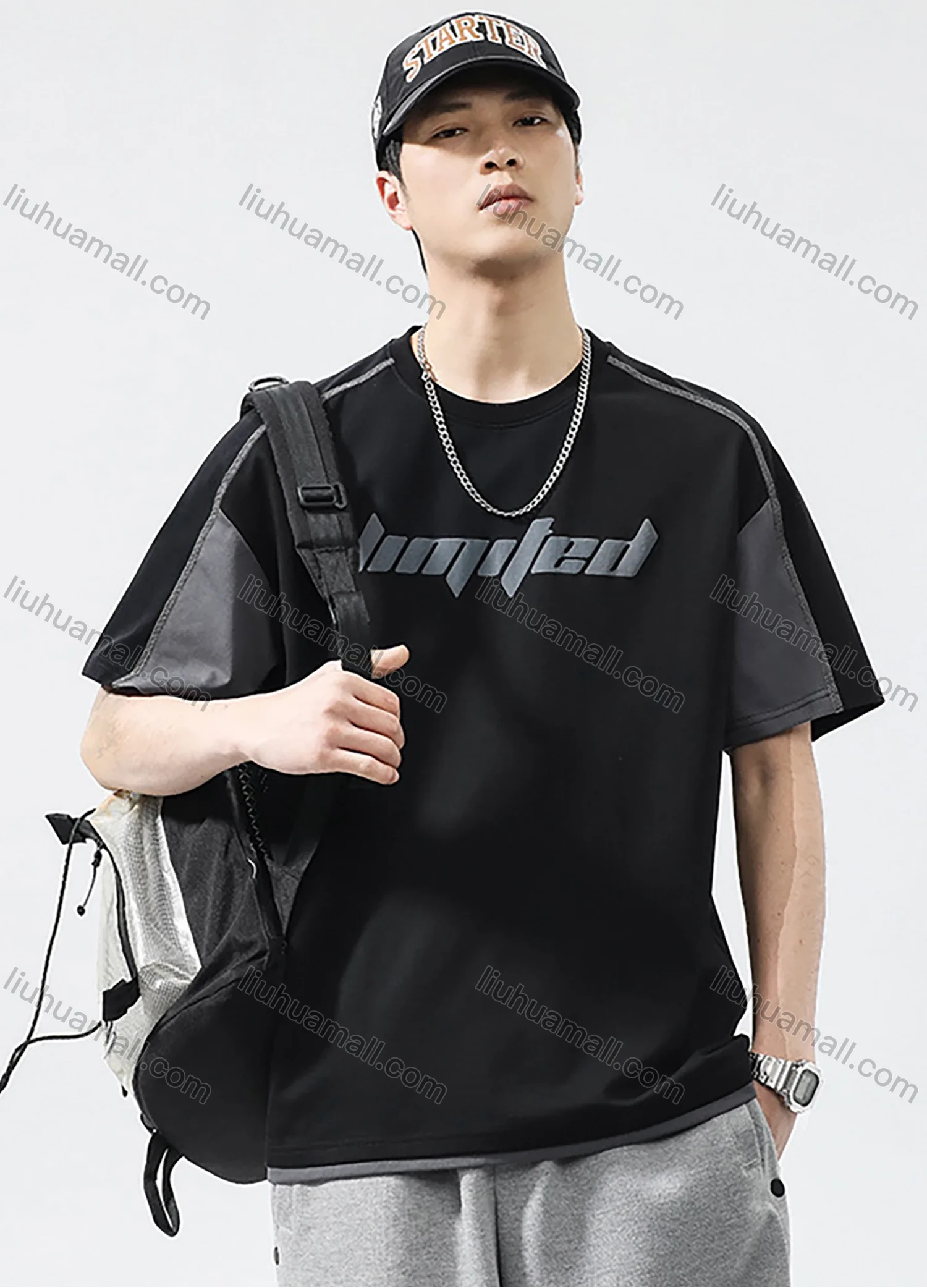 Wholesale Men's Fashion 100%Cotton Letter Colorblock Splicing Round Neck Short Sleeve Quick Dry T-shirts - Liuhuamall