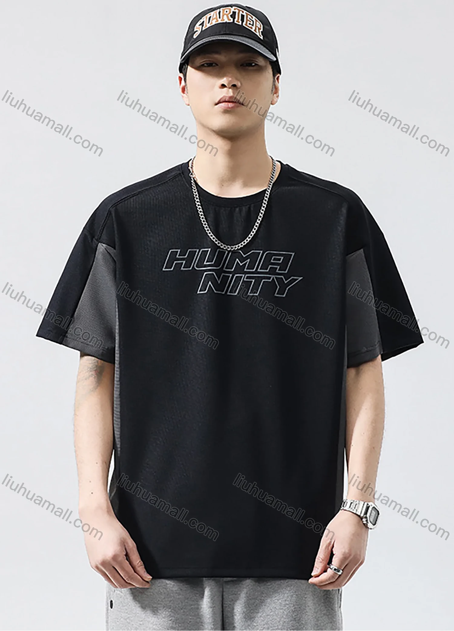 Wholesale Men's Fashion 100%Cotton Letter Colorblock Splicing Round Neck Short Sleeve Quick Dry T-shirts - Liuhuamall