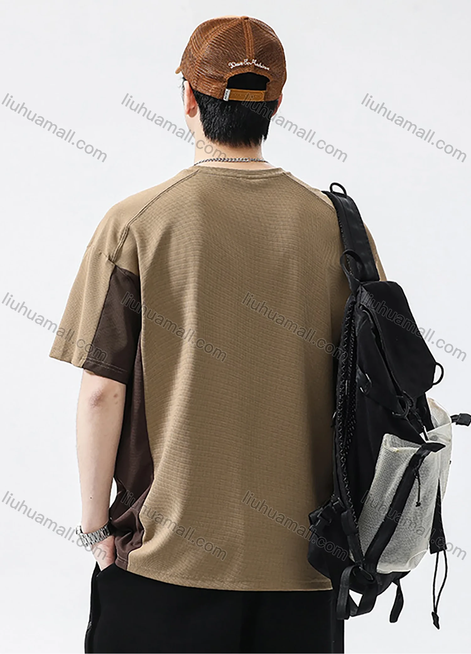 Wholesale Men's Fashion 100%Cotton Letter Colorblock Splicing Round Neck Short Sleeve Quick Dry T-shirts - Liuhuamall