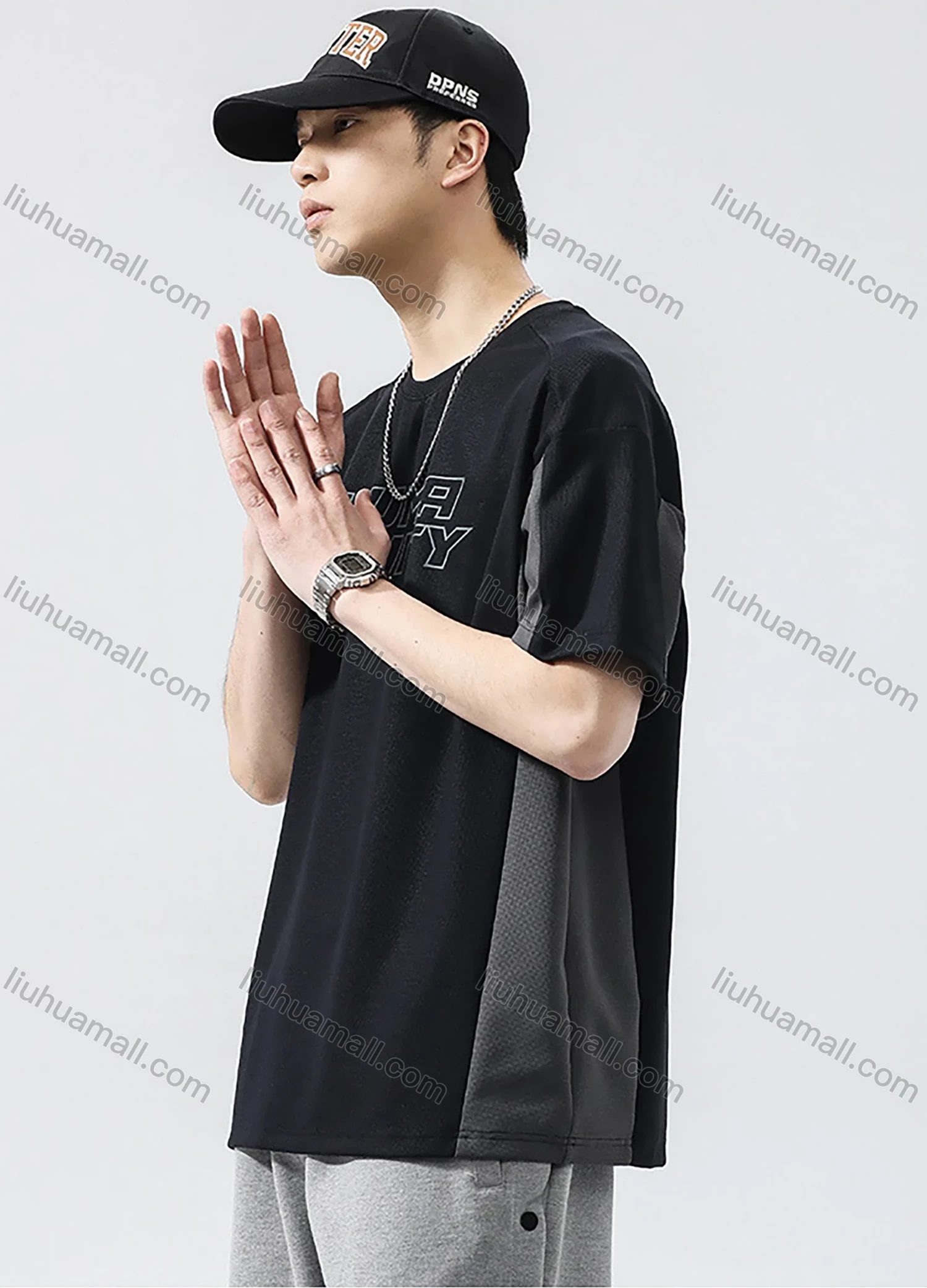 Wholesale Men's Fashion 100%Cotton Letter Colorblock Splicing Round Neck Short Sleeve Quick Dry T-shirts - Liuhuamall