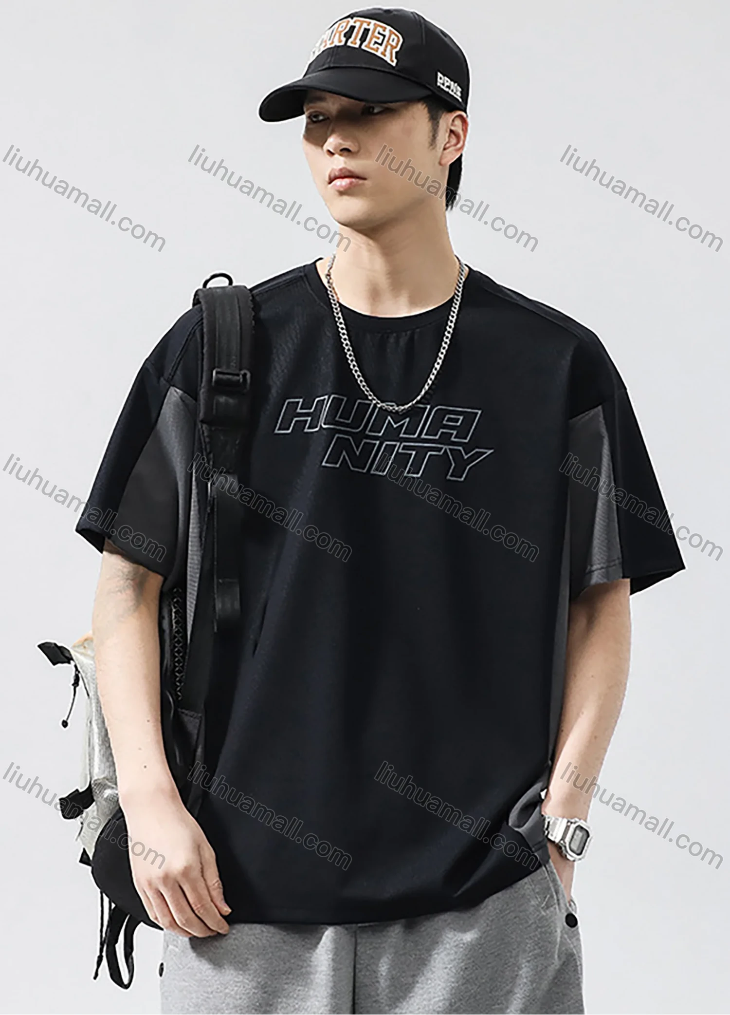 Wholesale Men's Fashion 100%Cotton Letter Colorblock Splicing Round Neck Short Sleeve Quick Dry T-shirts - Liuhuamall