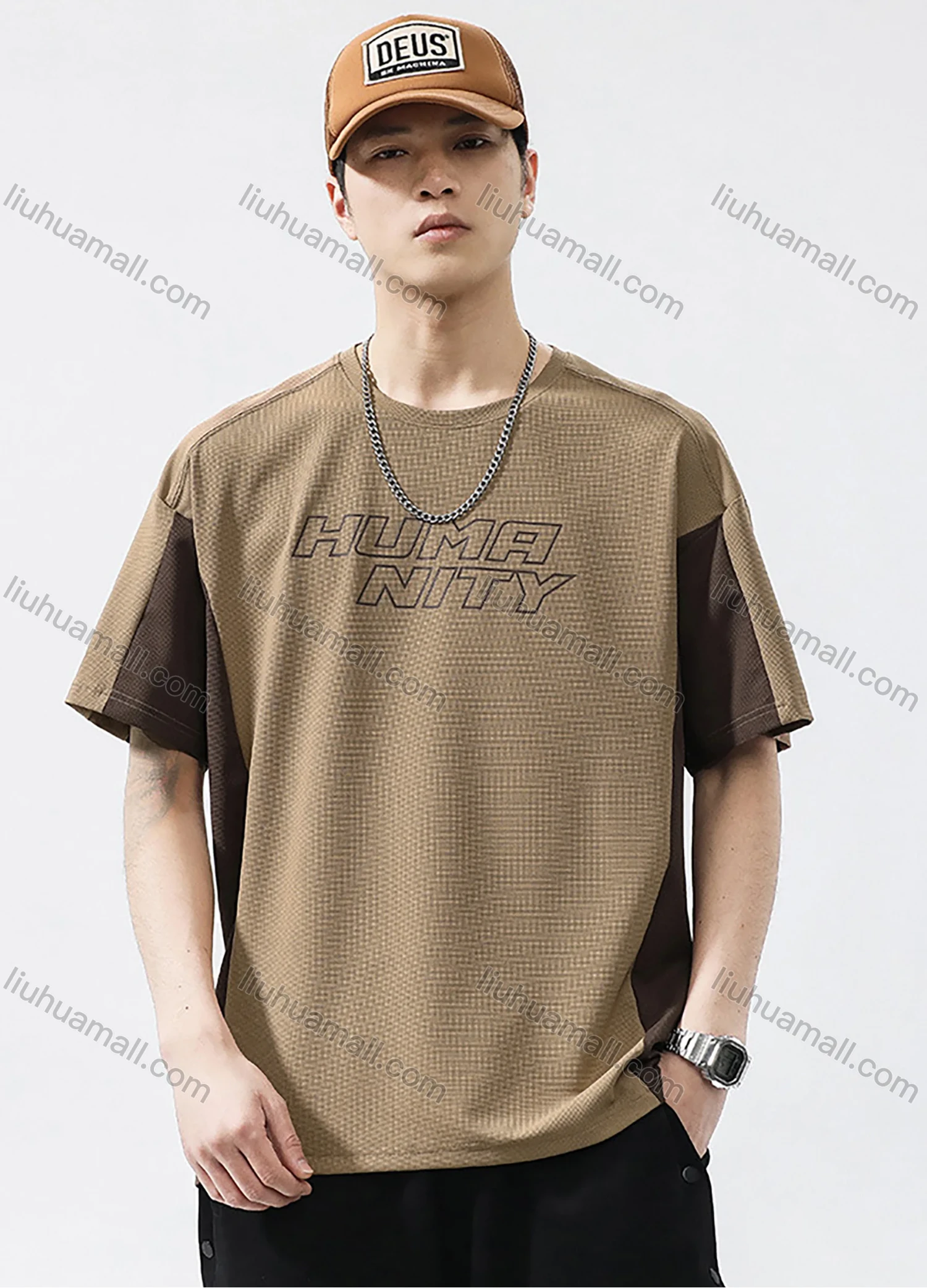 Wholesale Men's Fashion 100%Cotton Letter Colorblock Splicing Round Neck Short Sleeve Quick Dry T-shirts - Liuhuamall