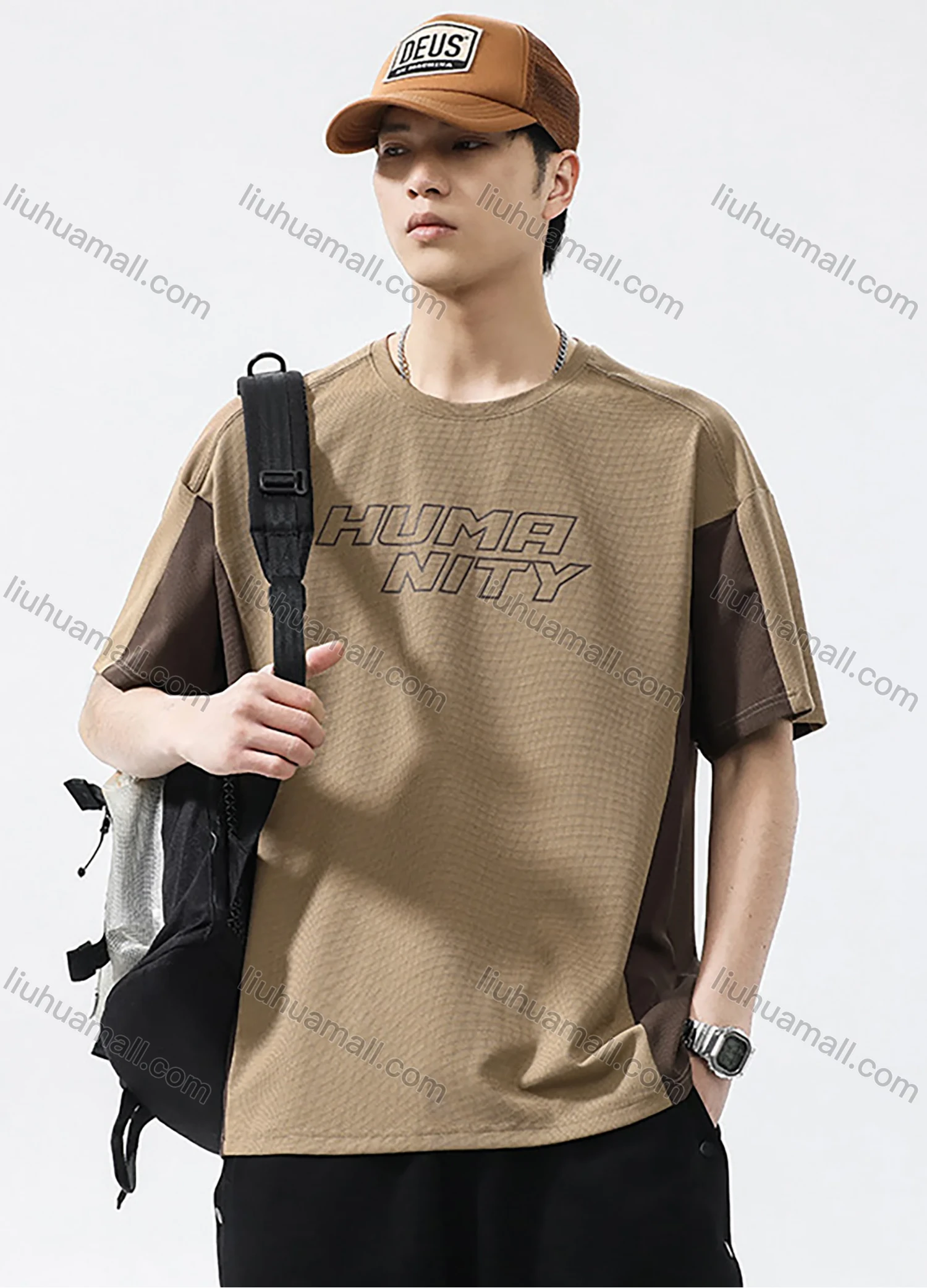 Wholesale Men's Fashion 100%Cotton Letter Colorblock Splicing Round Neck Short Sleeve Quick Dry T-shirts - Liuhuamall