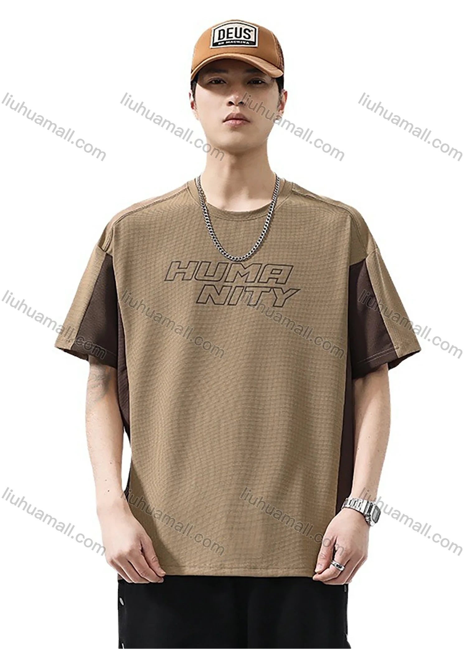 Wholesale Men's Fashion 100%Cotton Letter Colorblock Splicing Round Neck Short Sleeve Quick Dry T-shirts - Liuhuamall