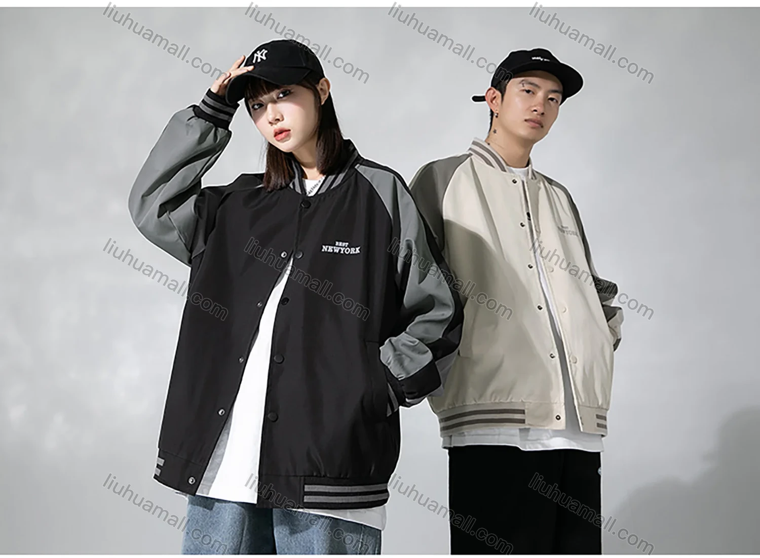 Wholesale Men's Trendy Letter Print Contrast Colorblock Button Down Striped Trim Unisex Patch Pocket Baseball Jacket - Liuhuamall