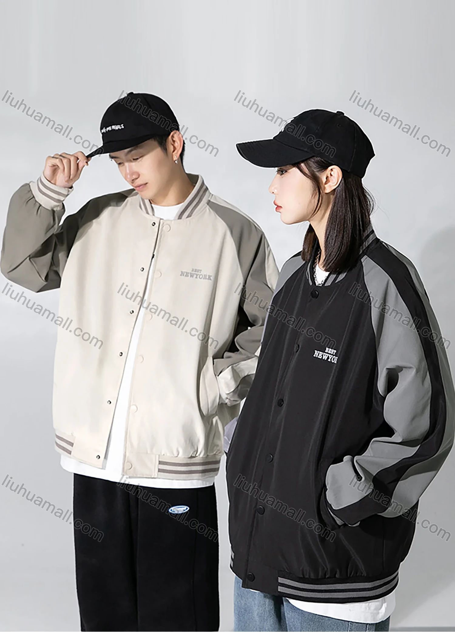 Wholesale Men's Trendy Letter Print Contrast Colorblock Button Down Striped Trim Unisex Patch Pocket Baseball Jacket - Liuhuamall