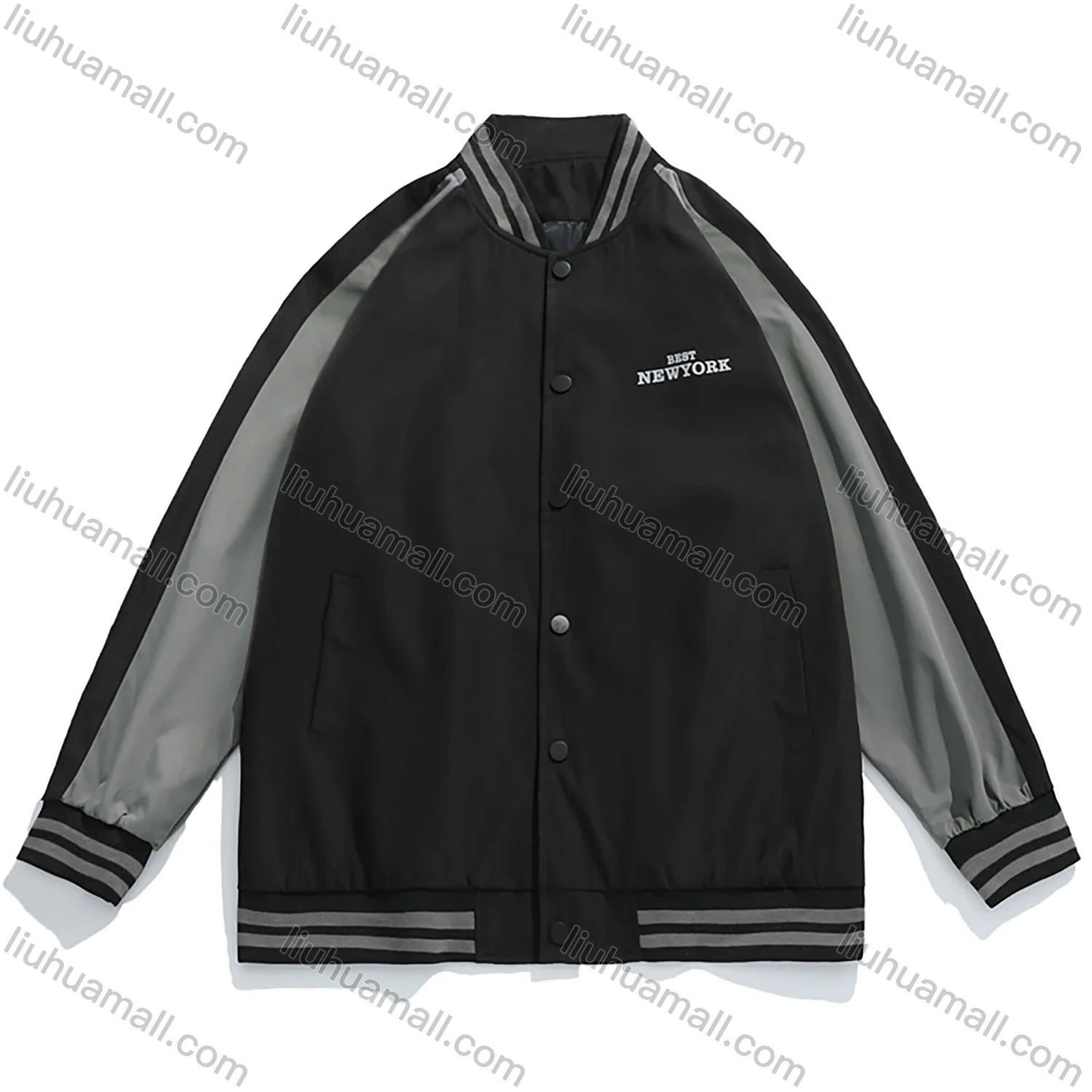 Wholesale Men's Trendy Letter Print Contrast Colorblock Button Down Striped Trim Unisex Patch Pocket Baseball Jacket - Liuhuamall