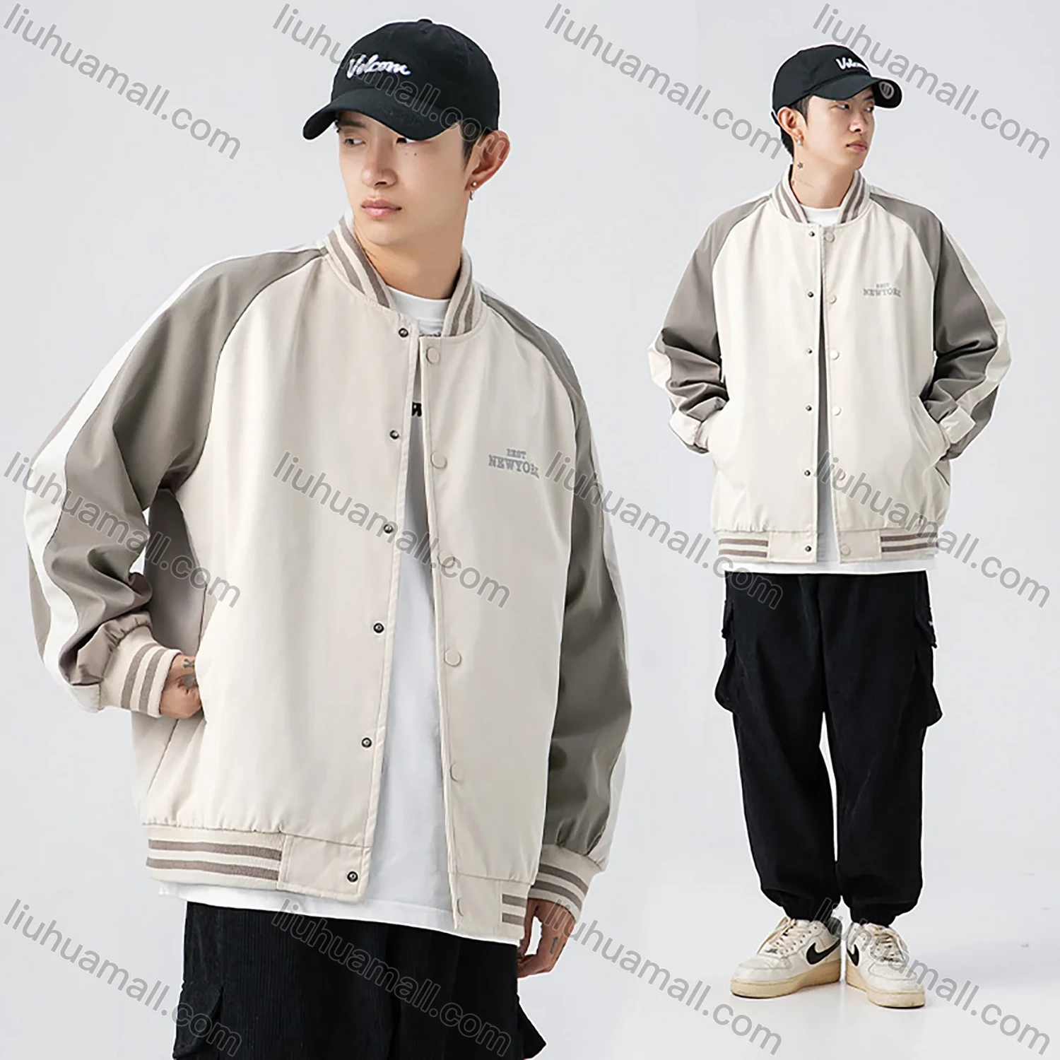 Wholesale Men's Trendy Letter Print Contrast Colorblock Button Down Striped Trim Unisex Patch Pocket Baseball Jacket - Liuhuamall