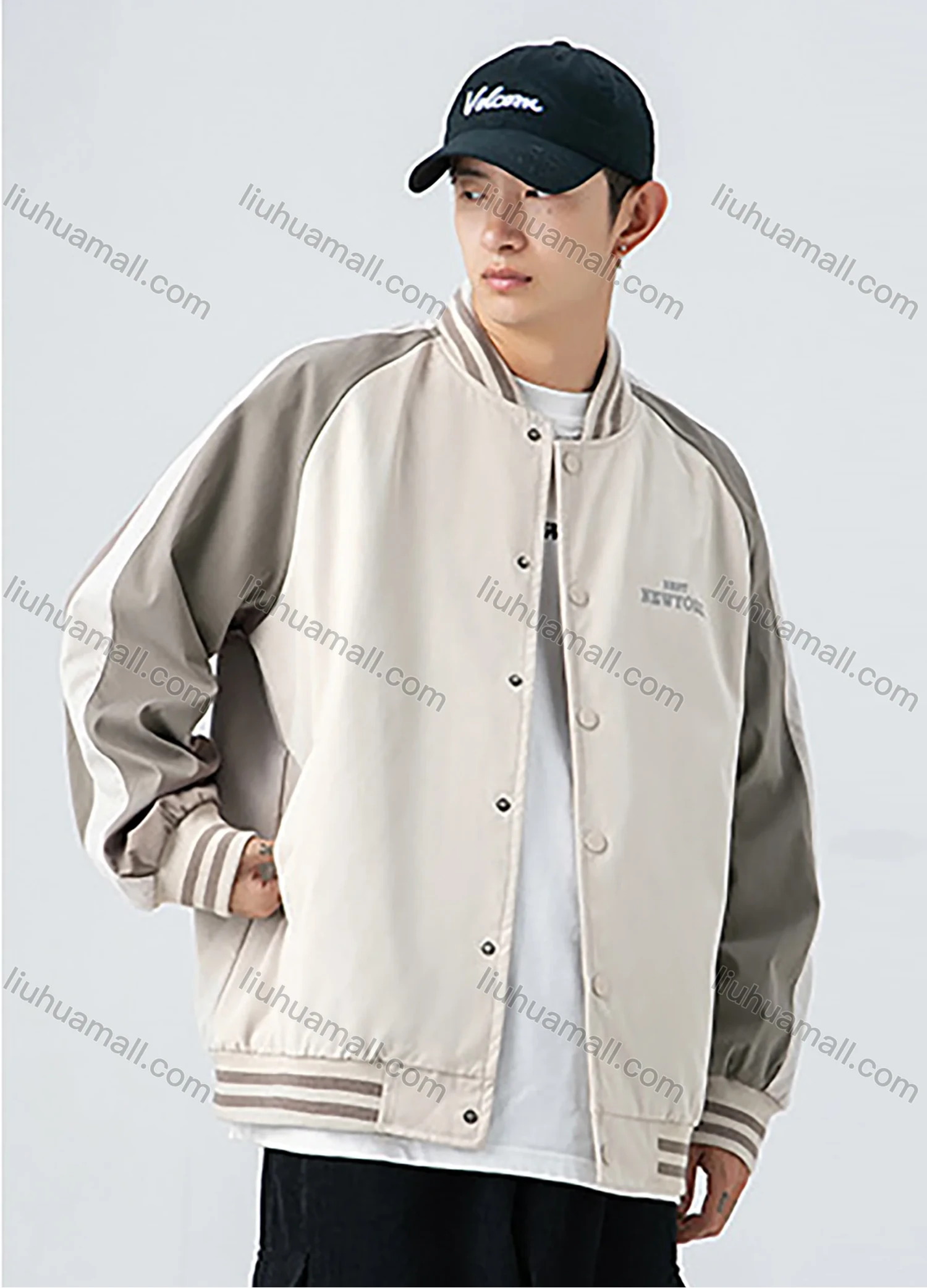 Wholesale Men's Trendy Letter Print Contrast Colorblock Button Down Striped Trim Unisex Patch Pocket Baseball Jacket - Liuhuamall