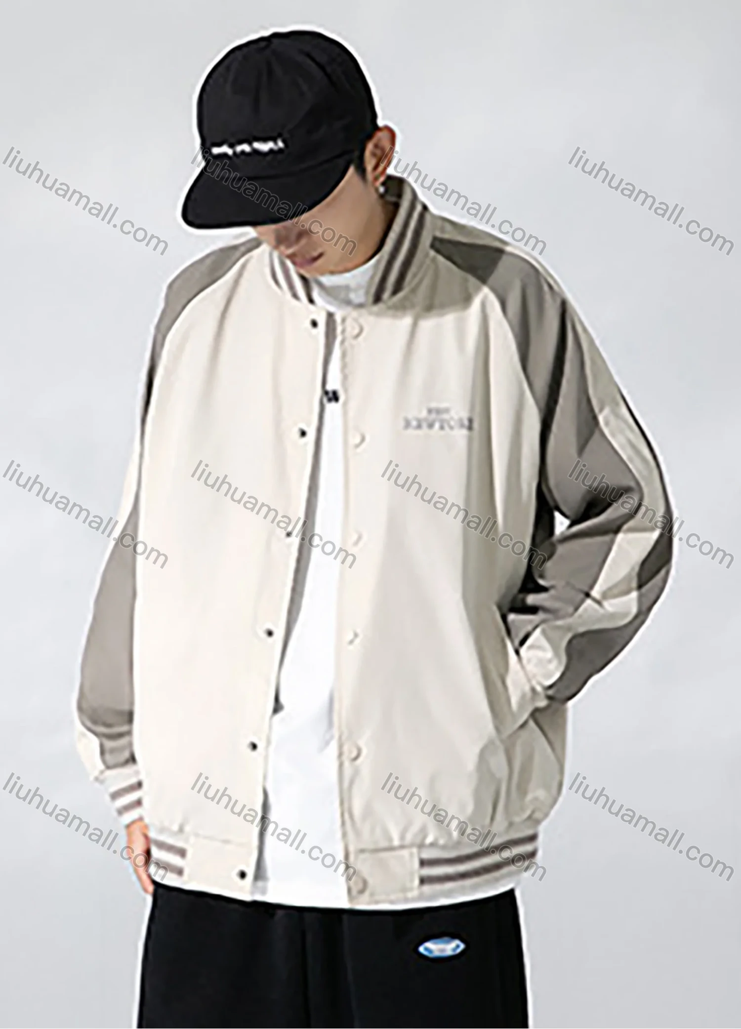 Wholesale Men's Trendy Letter Print Contrast Colorblock Button Down Striped Trim Unisex Patch Pocket Baseball Jacket - Liuhuamall