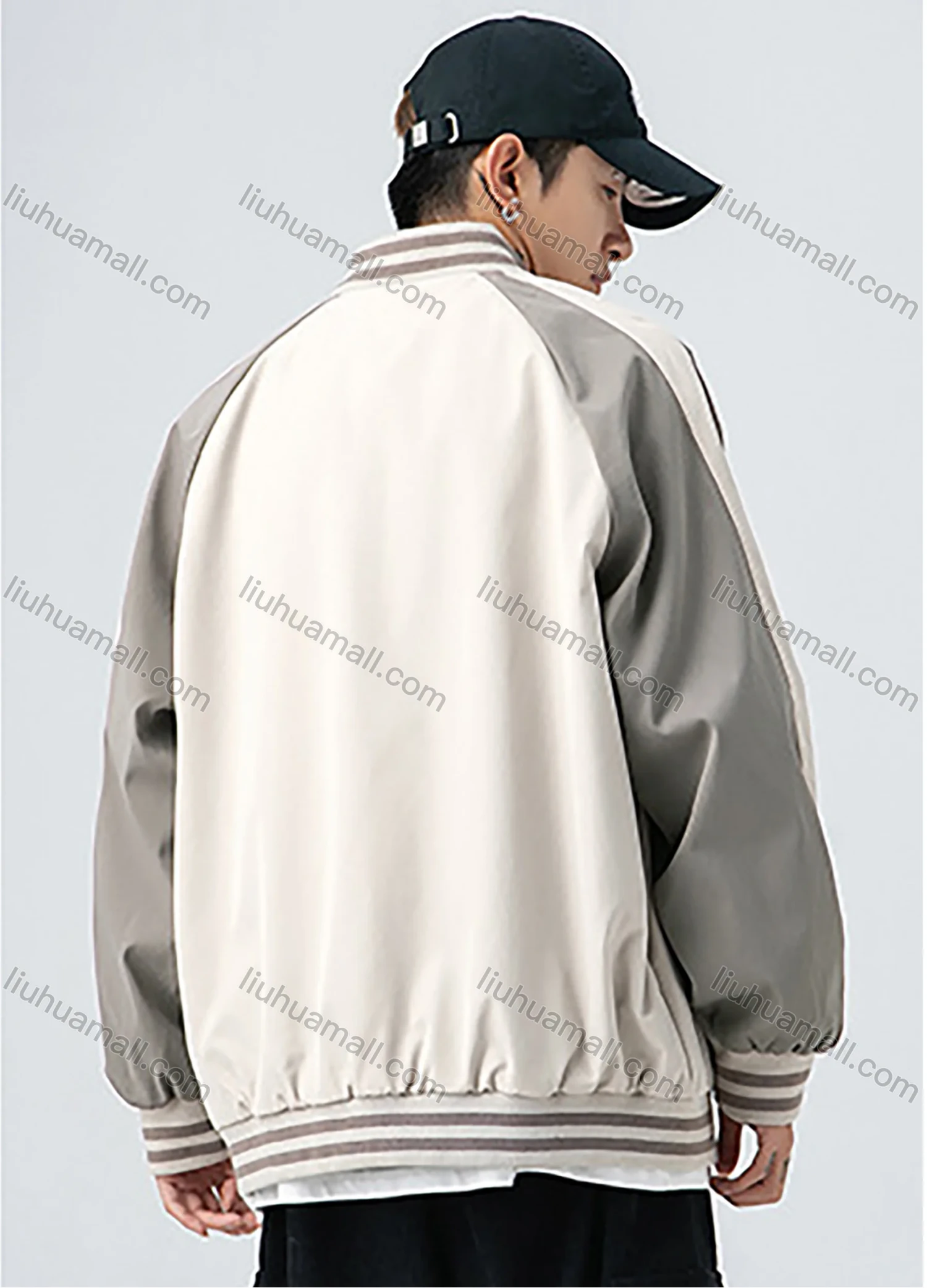 Wholesale Men's Trendy Letter Print Contrast Colorblock Button Down Striped Trim Unisex Patch Pocket Baseball Jacket - Liuhuamall