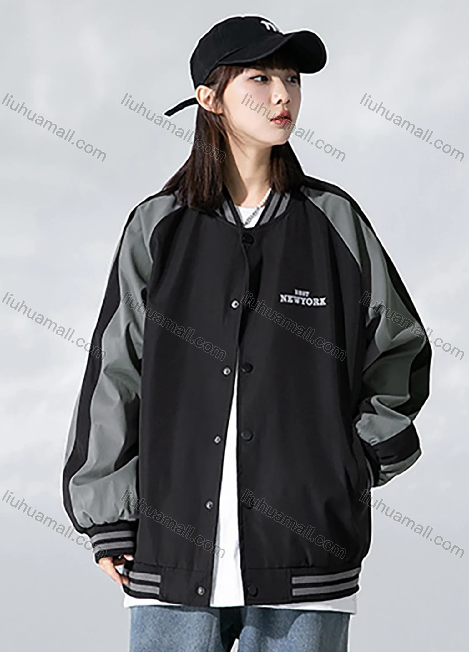 Wholesale Men's Trendy Letter Print Contrast Colorblock Button Down Striped Trim Unisex Patch Pocket Baseball Jacket - Liuhuamall