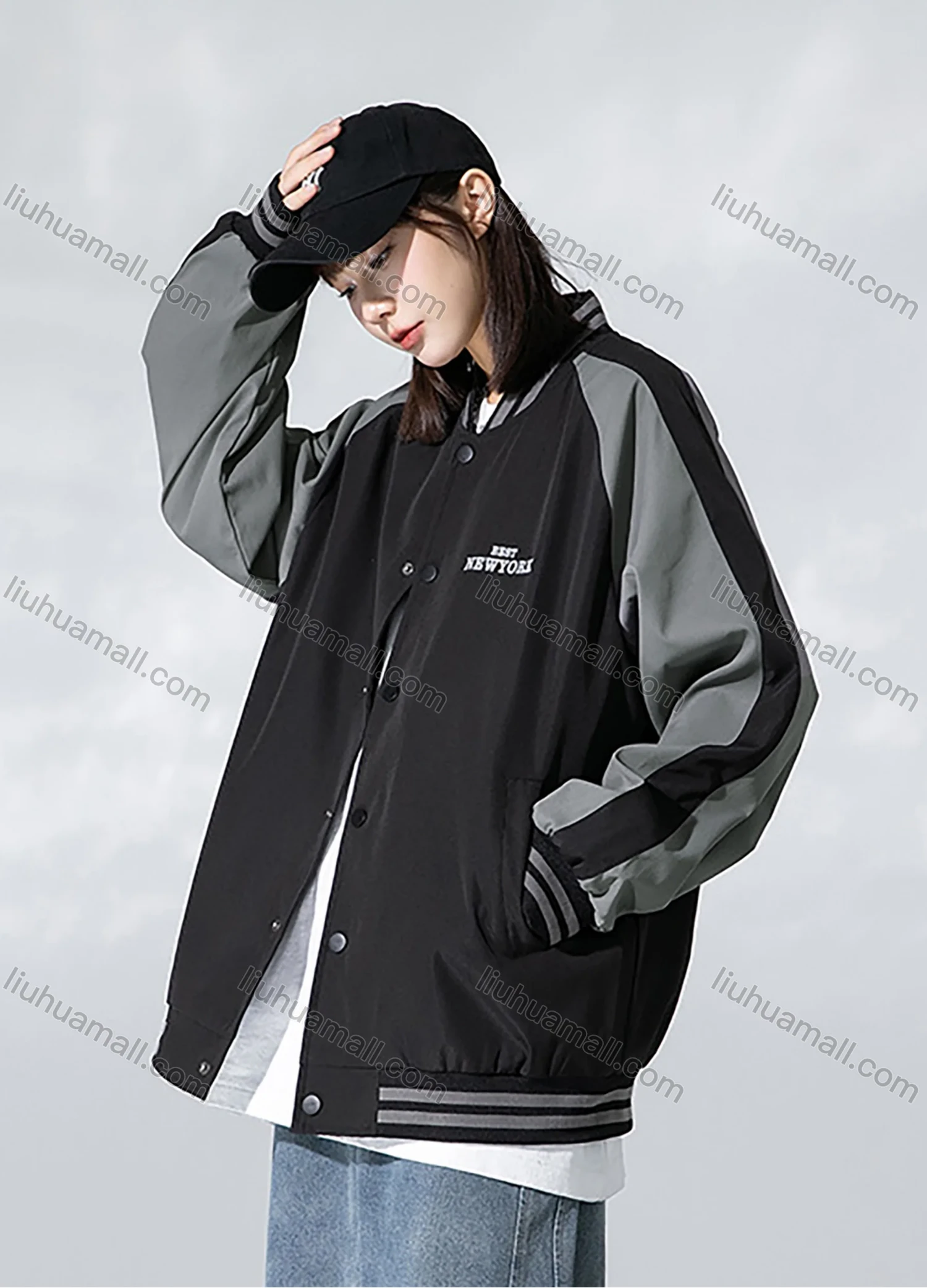 Wholesale Men's Trendy Letter Print Contrast Colorblock Button Down Striped Trim Unisex Patch Pocket Baseball Jacket - Liuhuamall