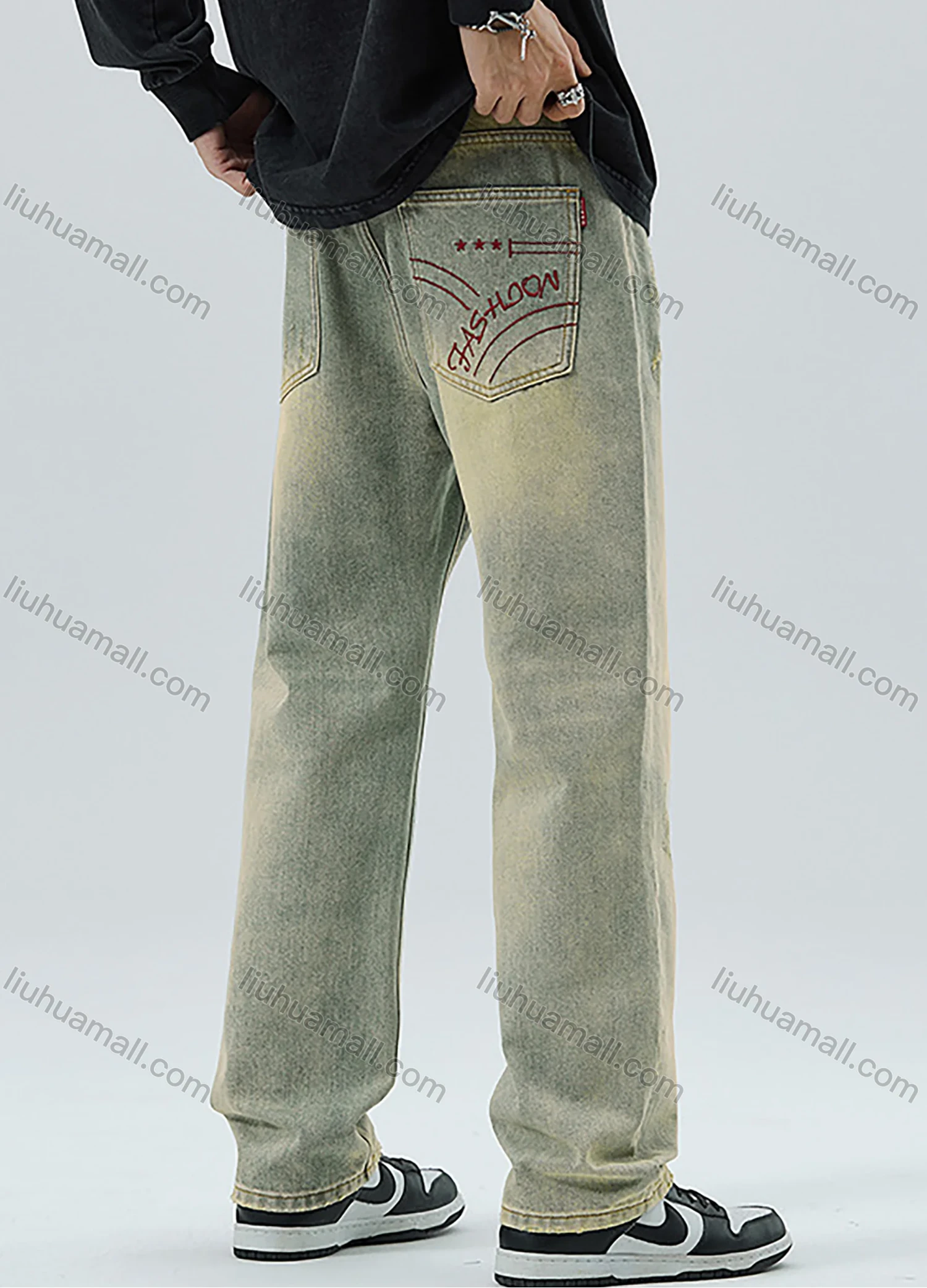 Wholesale Men's Vintage Fashion Plain Patch Pocket Washed Distressed Ripped Straight Leg Jeans - Liuhuamall