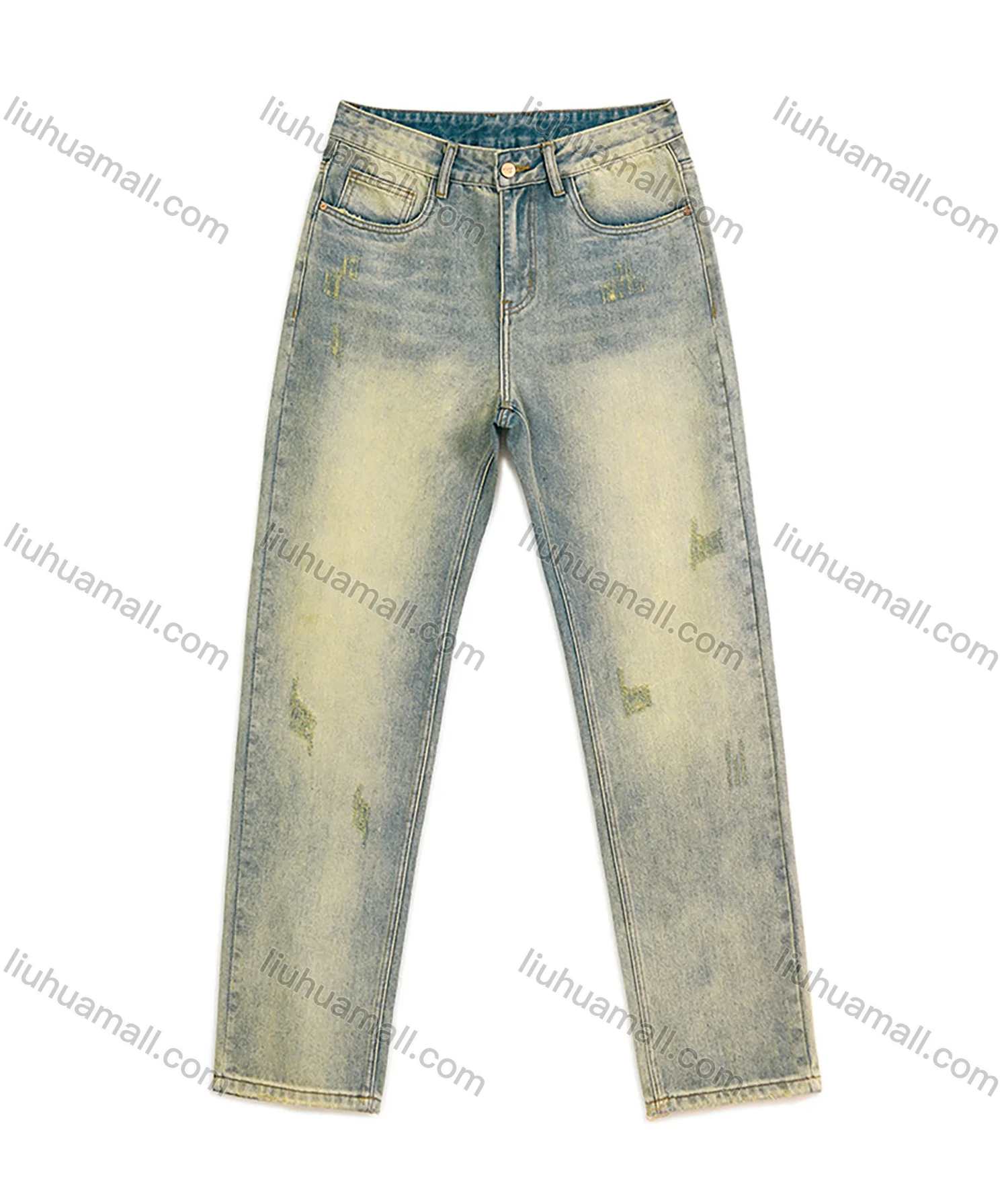 Wholesale Men's Vintage Fashion Plain Patch Pocket Washed Distressed Ripped Straight Leg Jeans - Liuhuamall