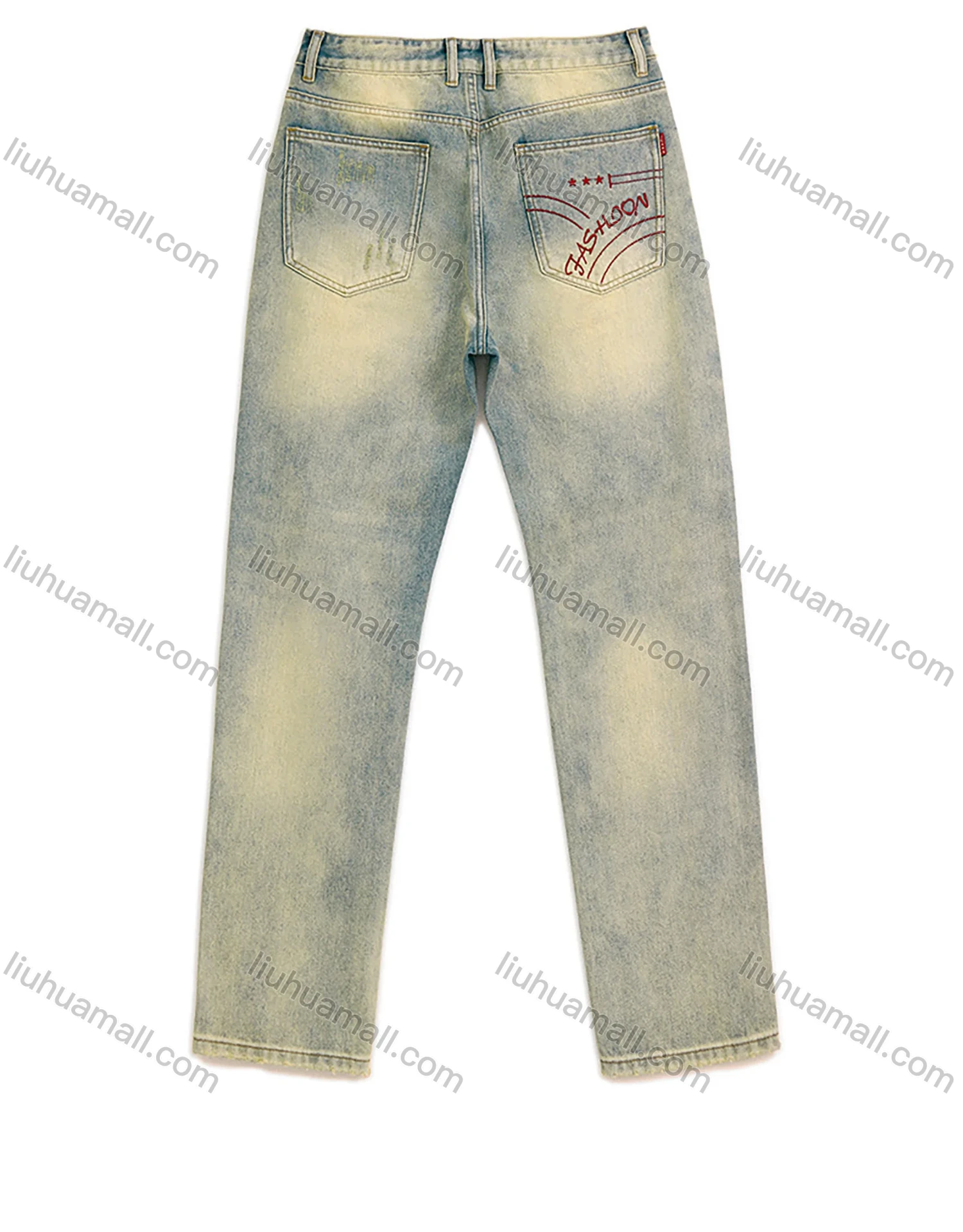 Wholesale Men's Vintage Fashion Plain Patch Pocket Washed Distressed Ripped Straight Leg Jeans - Liuhuamall
