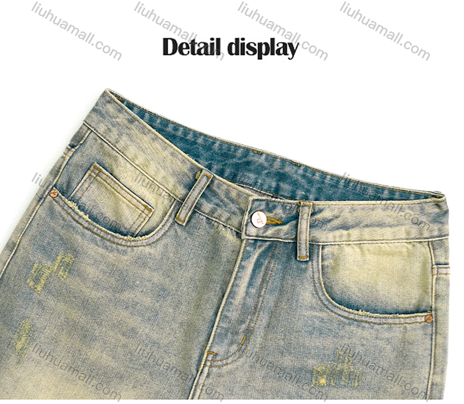 Wholesale Men's Vintage Fashion Plain Patch Pocket Washed Distressed Ripped Straight Leg Jeans - Liuhuamall
