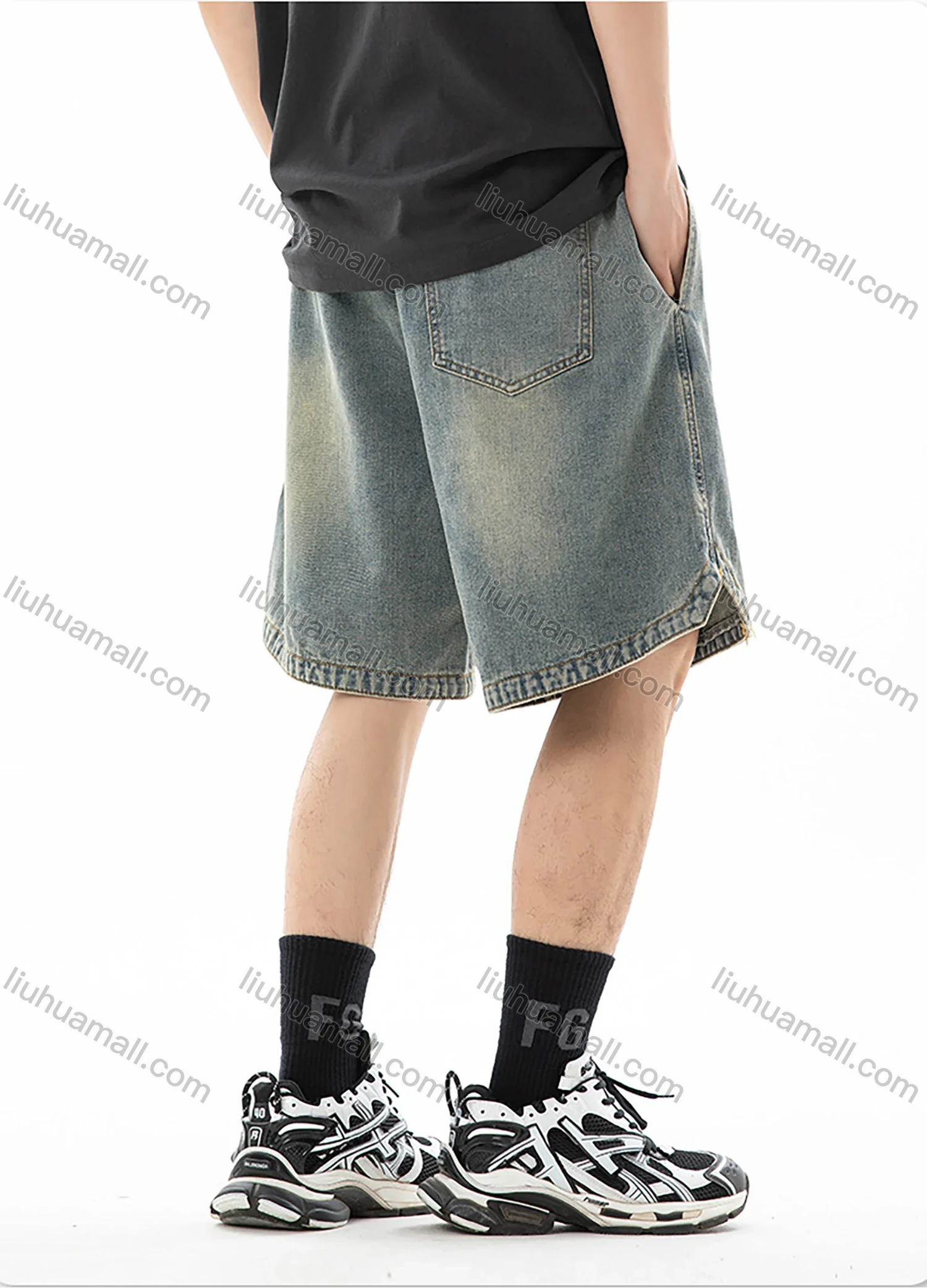 Wholesale Men's Fashion Plain Embroidered Label Distressed Slant Pocket Split Hem Drawstring Washed Denim Shorts - Liuhuamall