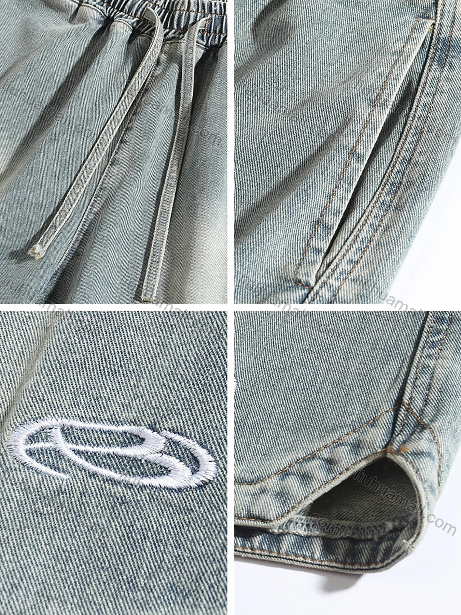 Wholesale Men's Fashion Plain Embroidered Label Distressed Slant Pocket Split Hem Drawstring Washed Denim Shorts - Liuhuamall