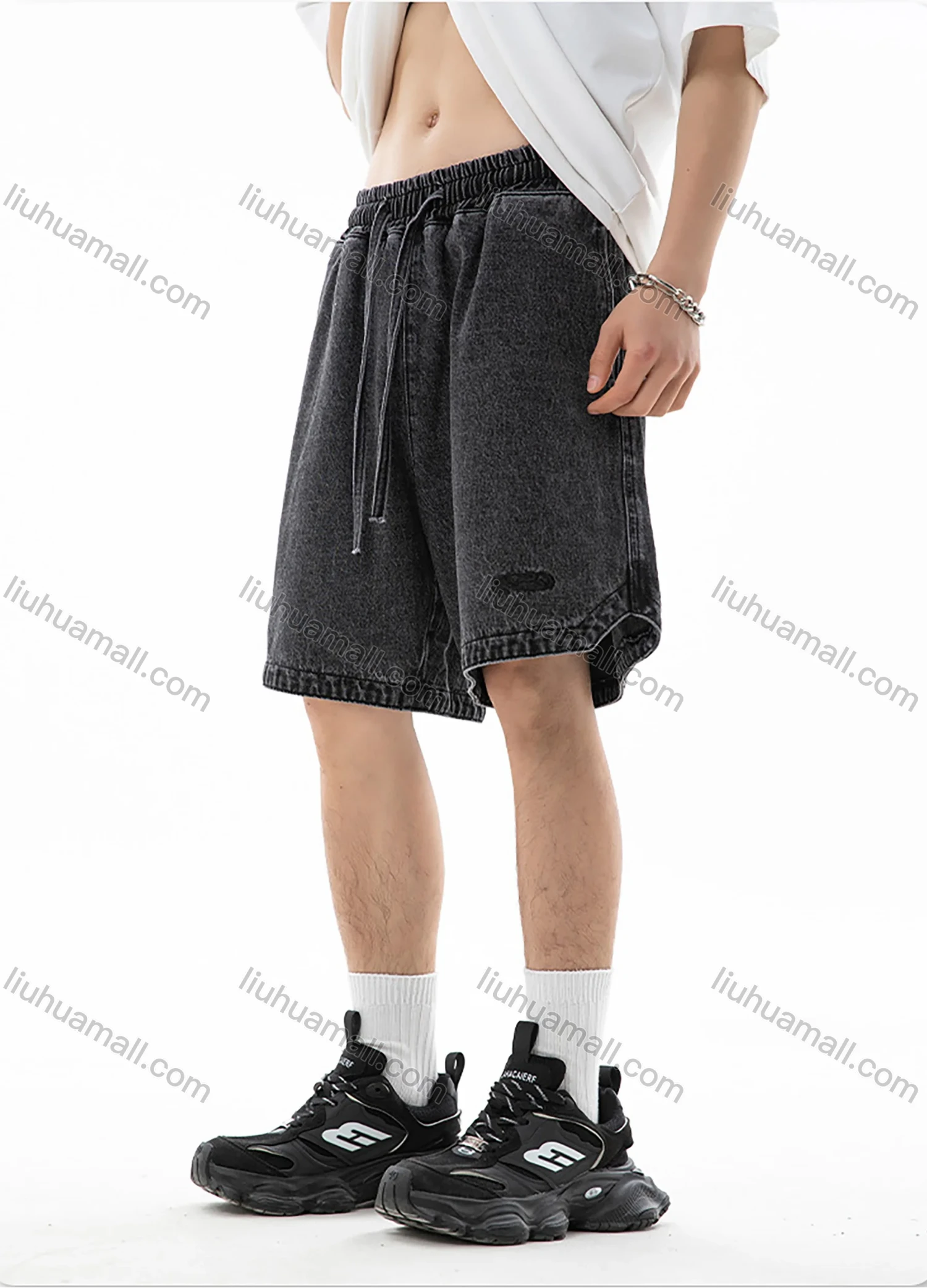 Wholesale Men's Fashion Plain Embroidered Label Distressed Slant Pocket Split Hem Drawstring Washed Denim Shorts - Liuhuamall