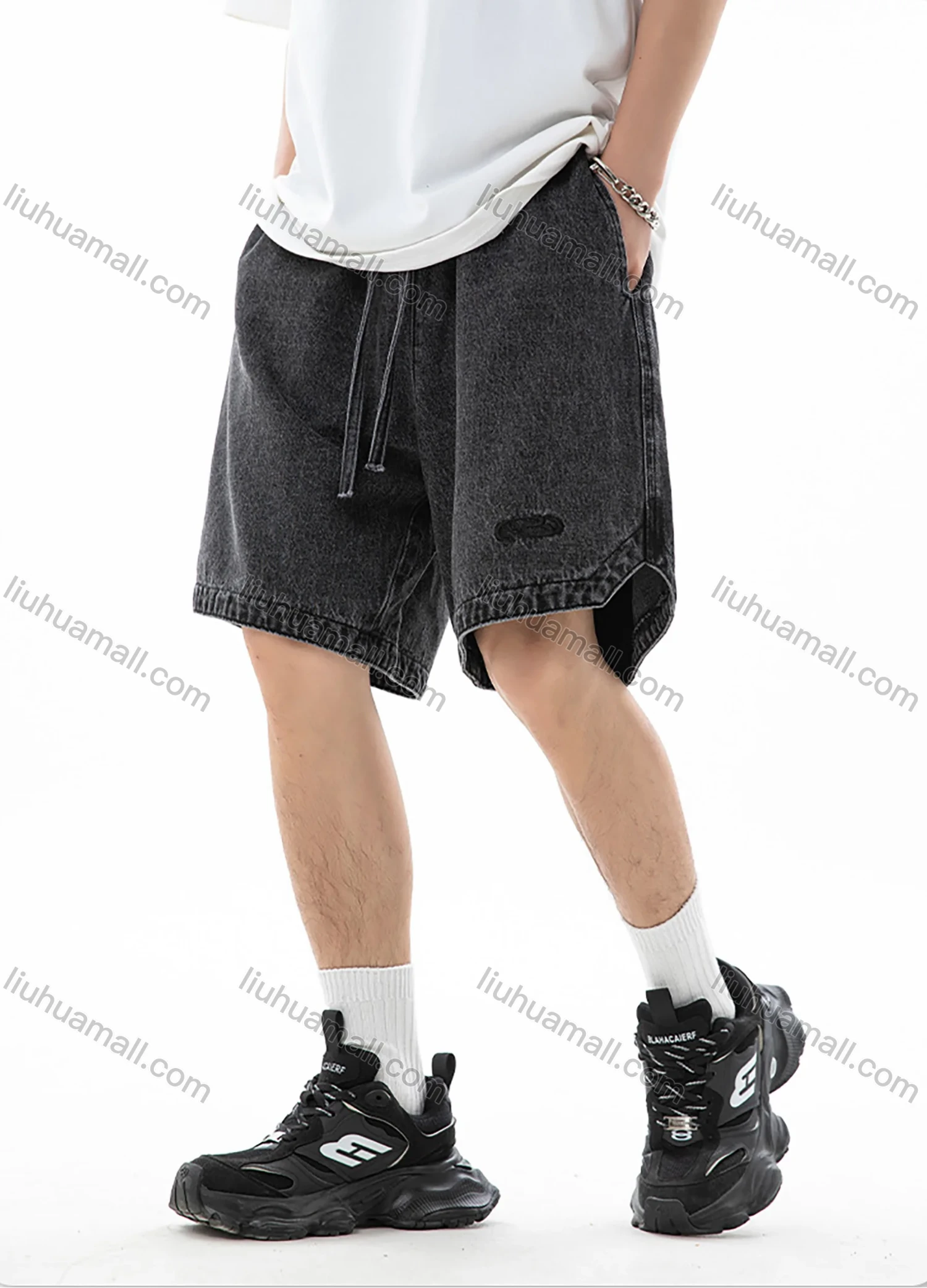 Wholesale Men's Fashion Plain Embroidered Label Distressed Slant Pocket Split Hem Drawstring Washed Denim Shorts - Liuhuamall