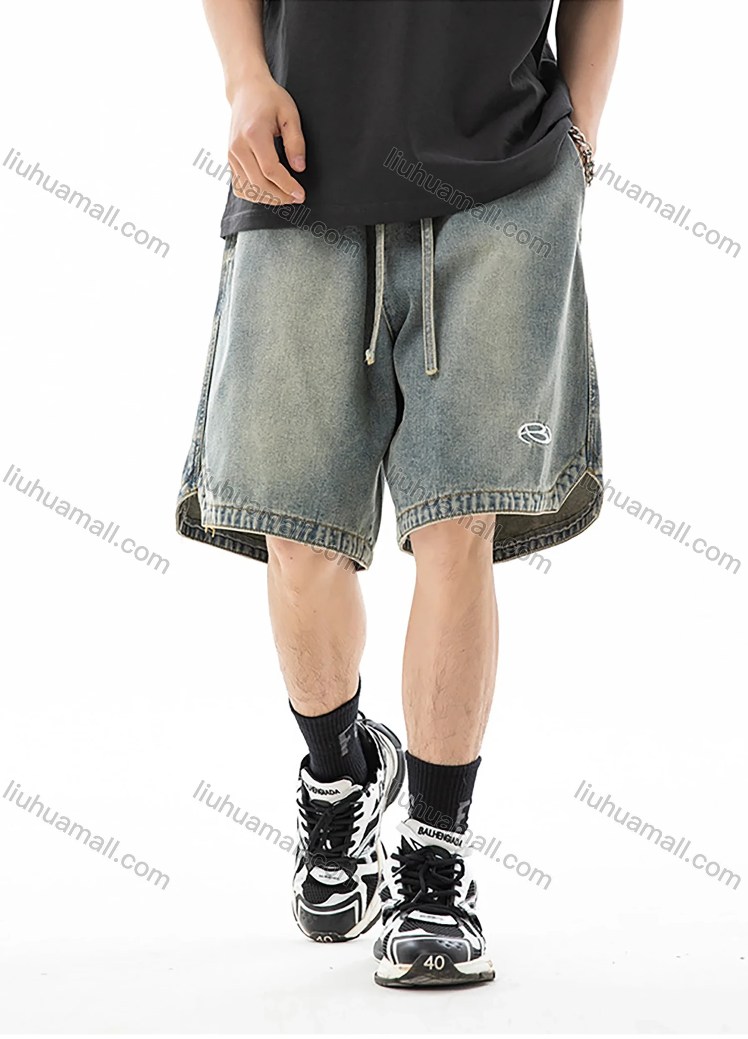 Wholesale Men's Fashion Plain Embroidered Label Distressed Slant Pocket Split Hem Drawstring Washed Denim Shorts - Liuhuamall