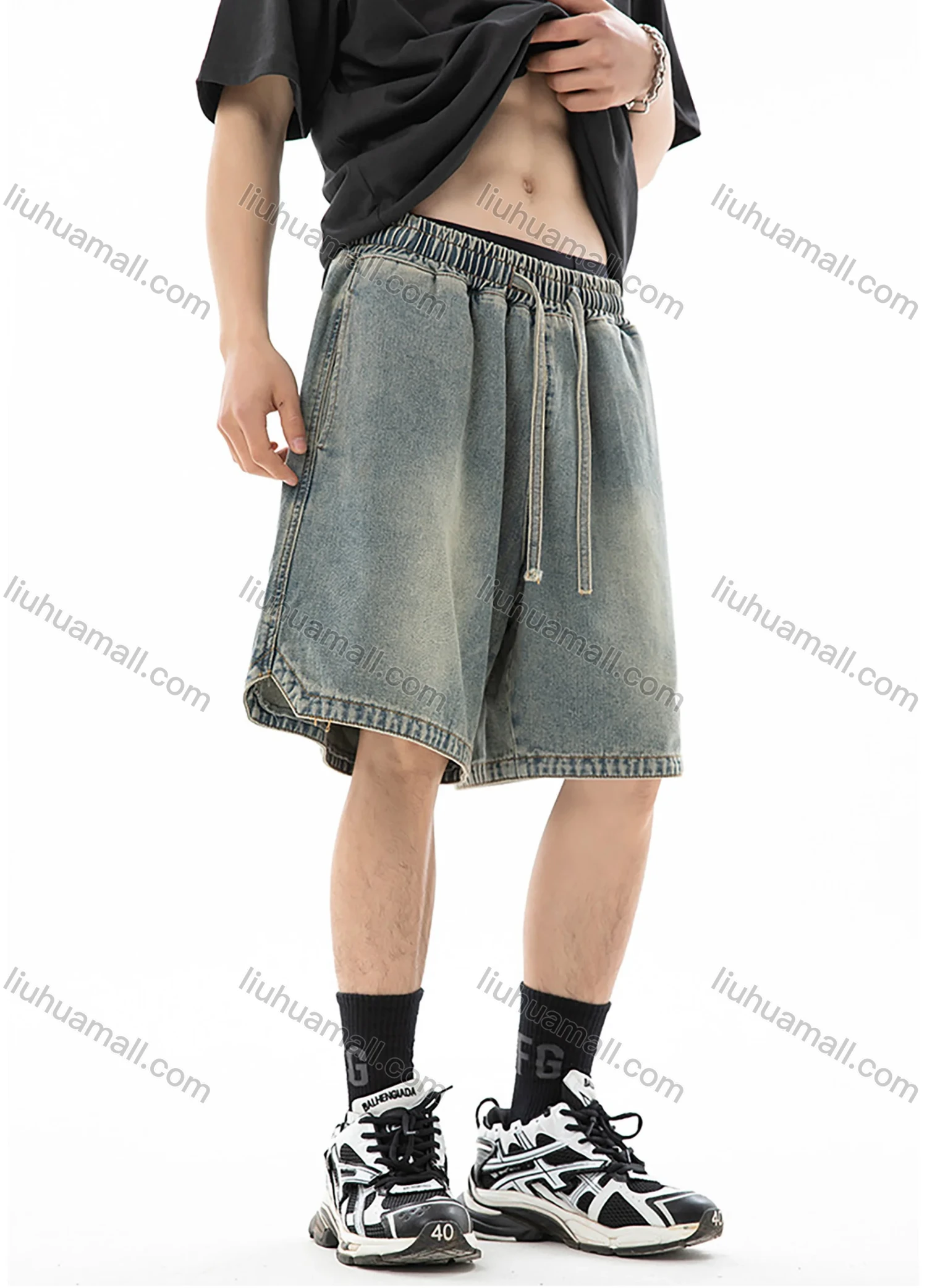 Wholesale Men's Fashion Plain Embroidered Label Distressed Slant Pocket Split Hem Drawstring Washed Denim Shorts - Liuhuamall