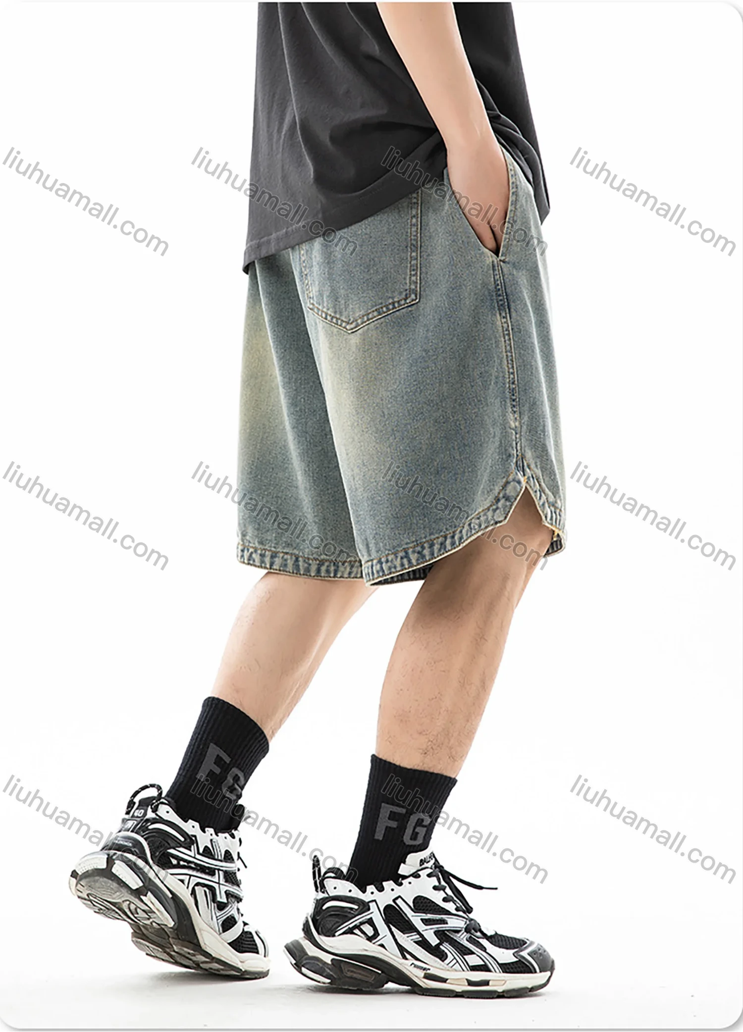 Wholesale Men's Fashion Plain Embroidered Label Distressed Slant Pocket Split Hem Drawstring Washed Denim Shorts - Liuhuamall