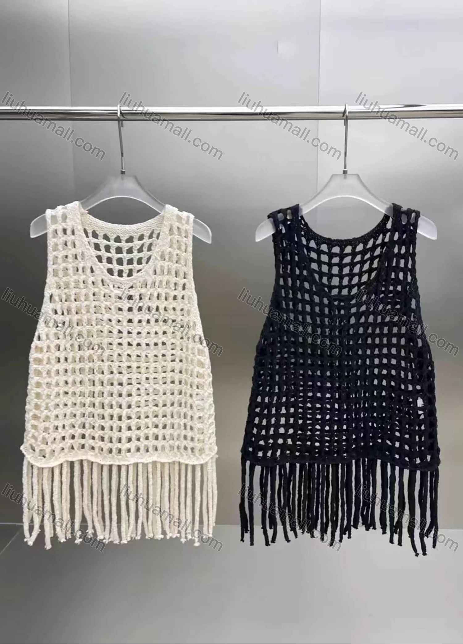 Wholesale Women's Vacation Crochet Round Neck Sleeveless Hollow Out Tassel Hem Plain Tank Cover Up Top - Liuhuamall