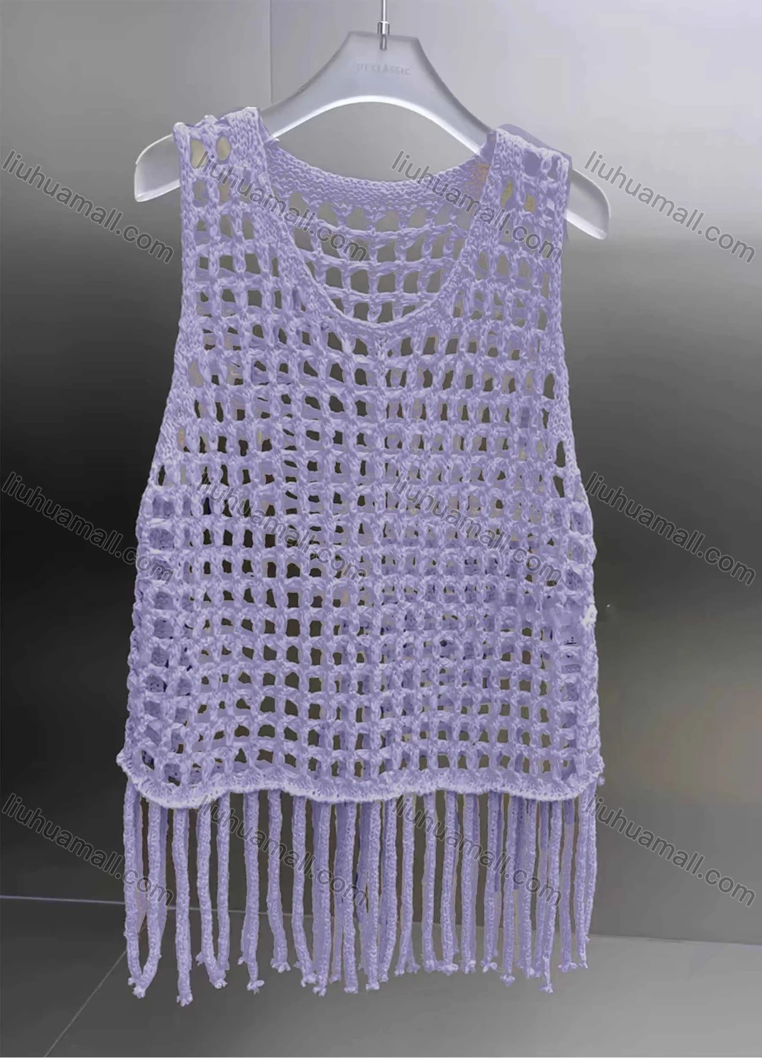 Wholesale Women's Vacation Crochet Round Neck Sleeveless Hollow Out Tassel Hem Plain Tank Cover Up Top - Liuhuamall