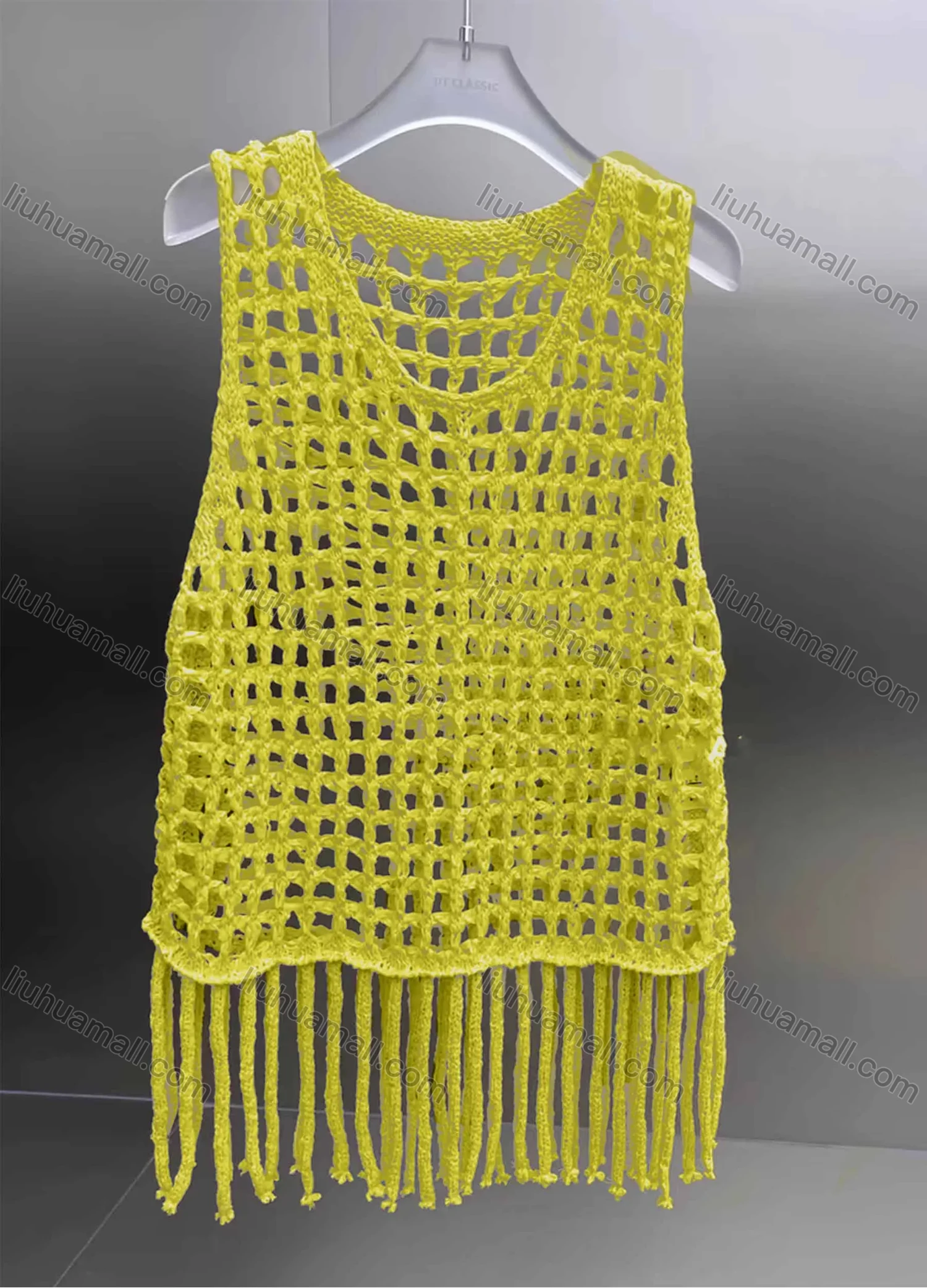 Wholesale Women's Vacation Crochet Round Neck Sleeveless Hollow Out Tassel Hem Plain Tank Cover Up Top - Liuhuamall