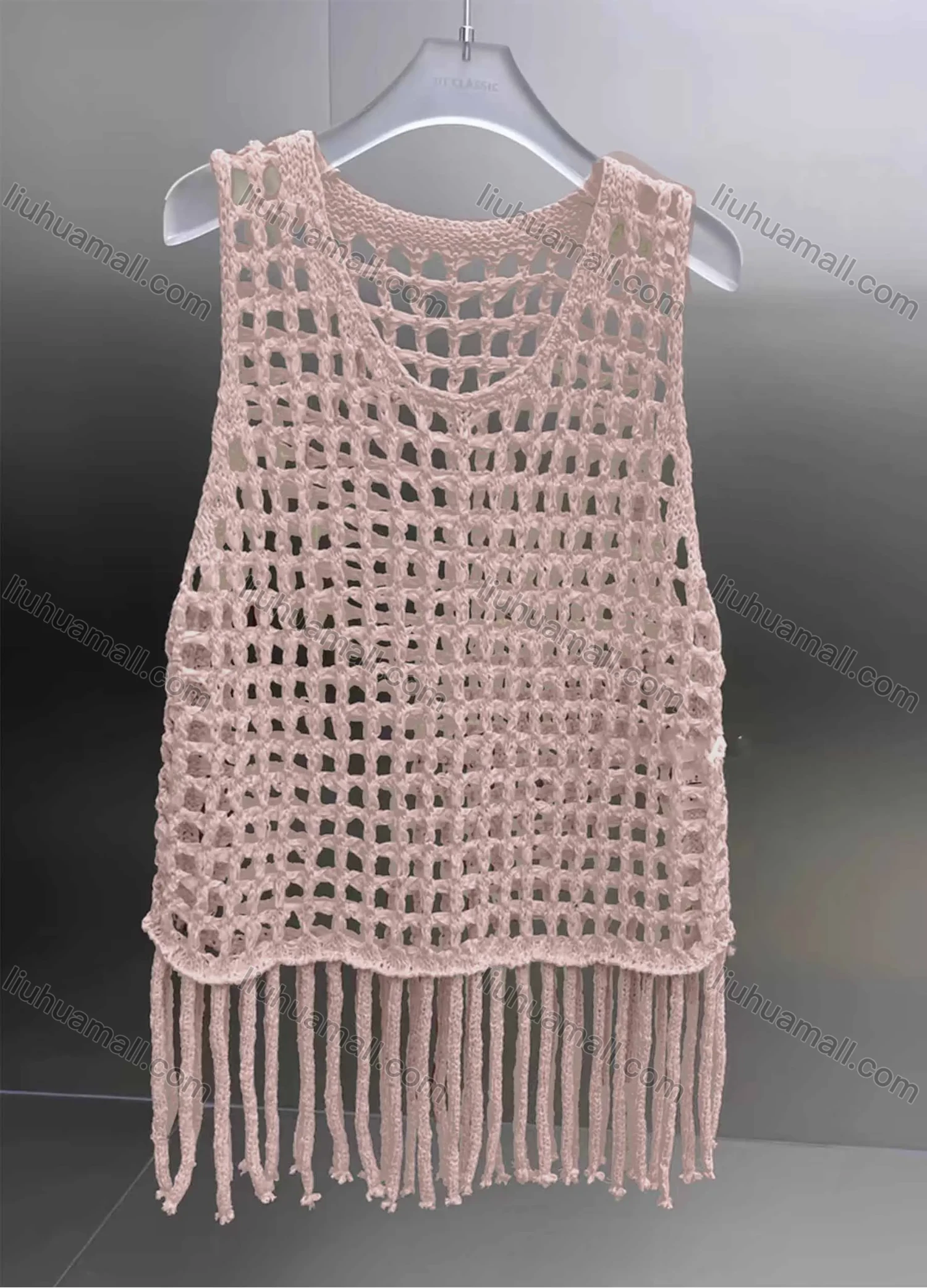 Wholesale Women's Vacation Crochet Round Neck Sleeveless Hollow Out Tassel Hem Plain Tank Cover Up Top - Liuhuamall