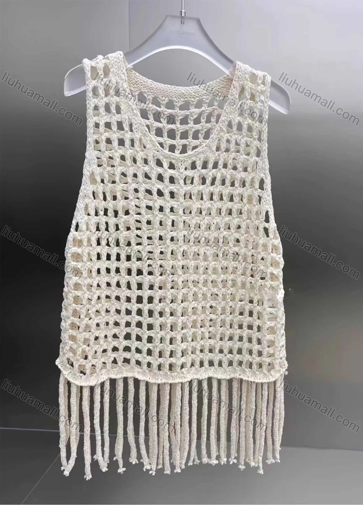 Wholesale Women's Vacation Crochet Round Neck Sleeveless Hollow Out Tassel Hem Plain Tank Cover Up Top - Liuhuamall