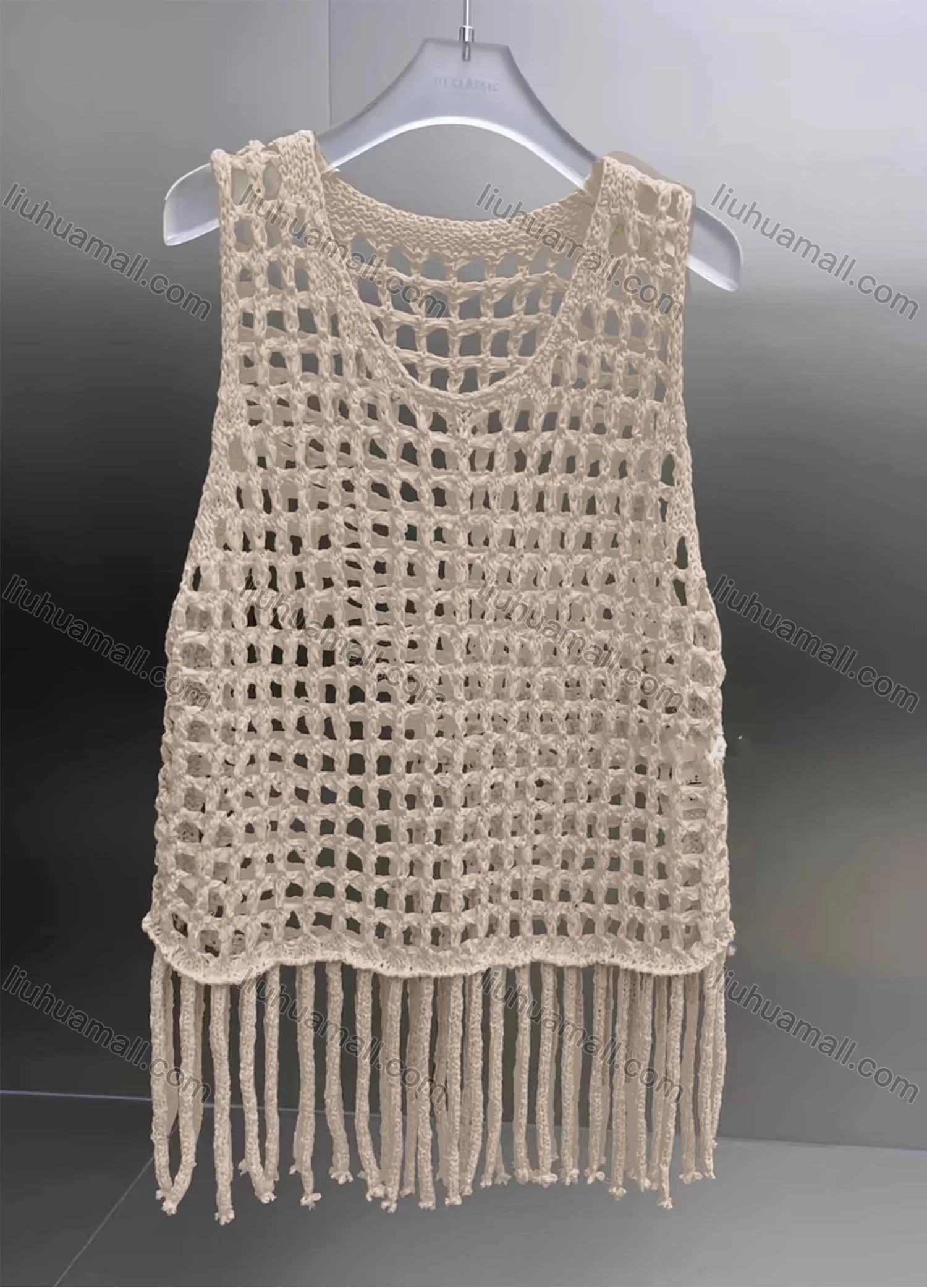 Wholesale Women's Vacation Crochet Round Neck Sleeveless Hollow Out Tassel Hem Plain Tank Cover Up Top - Liuhuamall